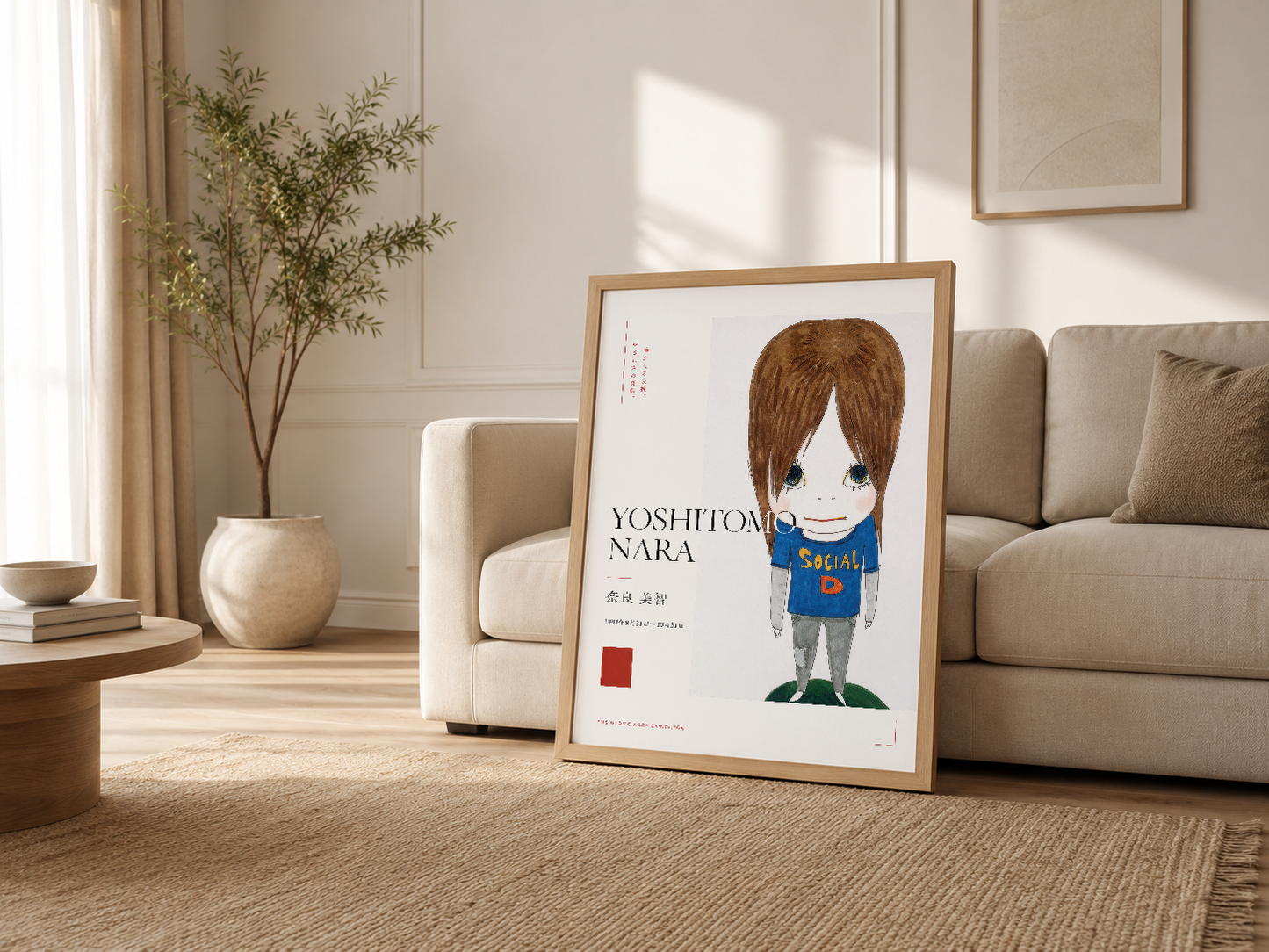 Modern oturma odasında ahşap çerçeveli Yoshitomo Nara sanat posteri sergilenmesi