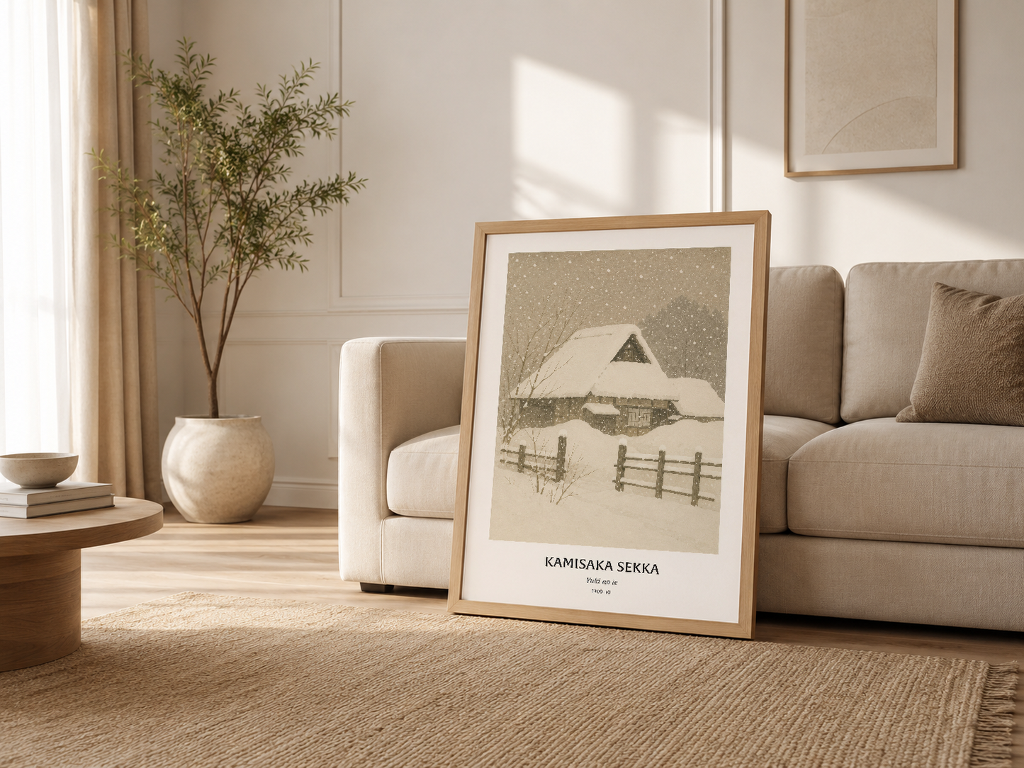 Beige çerçeveli poster, modern oturma odasında kanepenin yanında, doğal ışık ve boho dekorasyonun içinde.