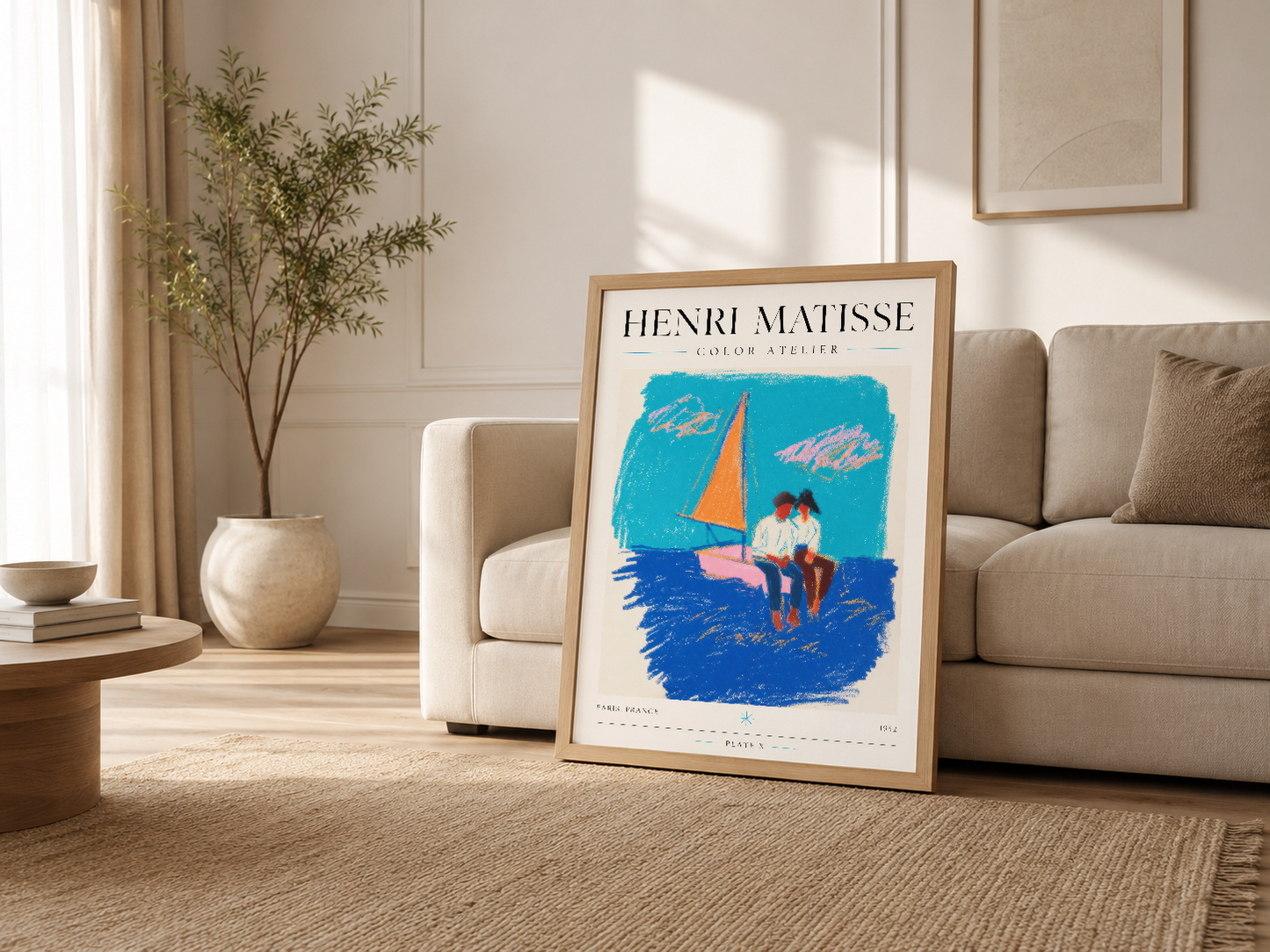 Açık salon alanında, krem renkli kanepenin yanında ahşap çerçeveli Matisse tablosu.