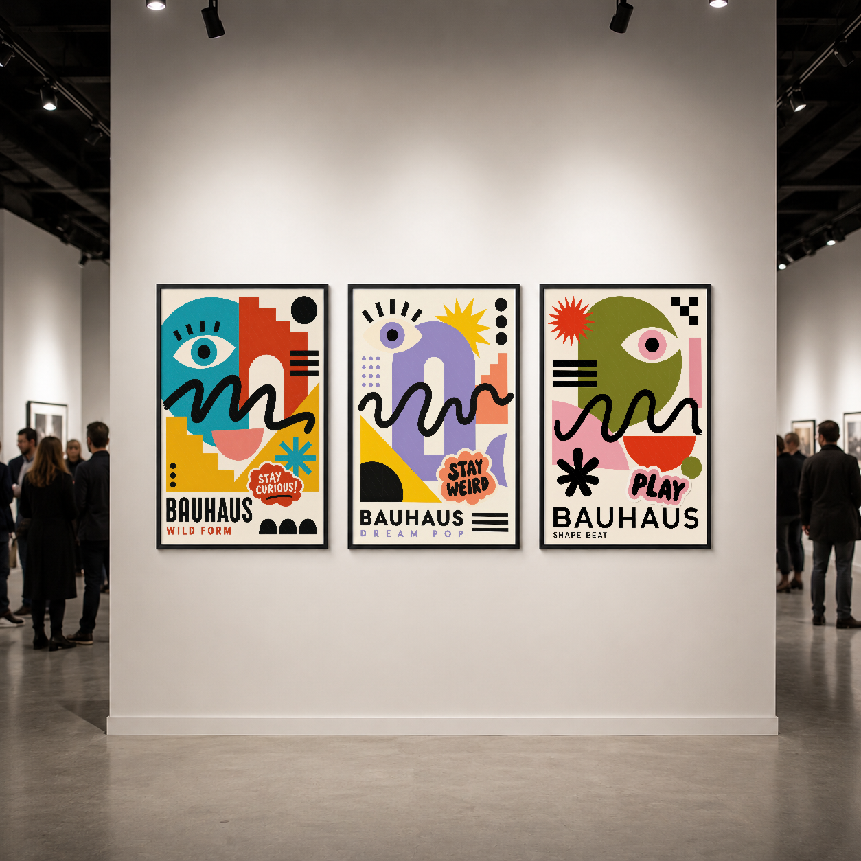Bauhaus sanat tablosu seti, galeride sergilenen canlı renkli soyut portre tasarımları, siyah çerçeveli.
