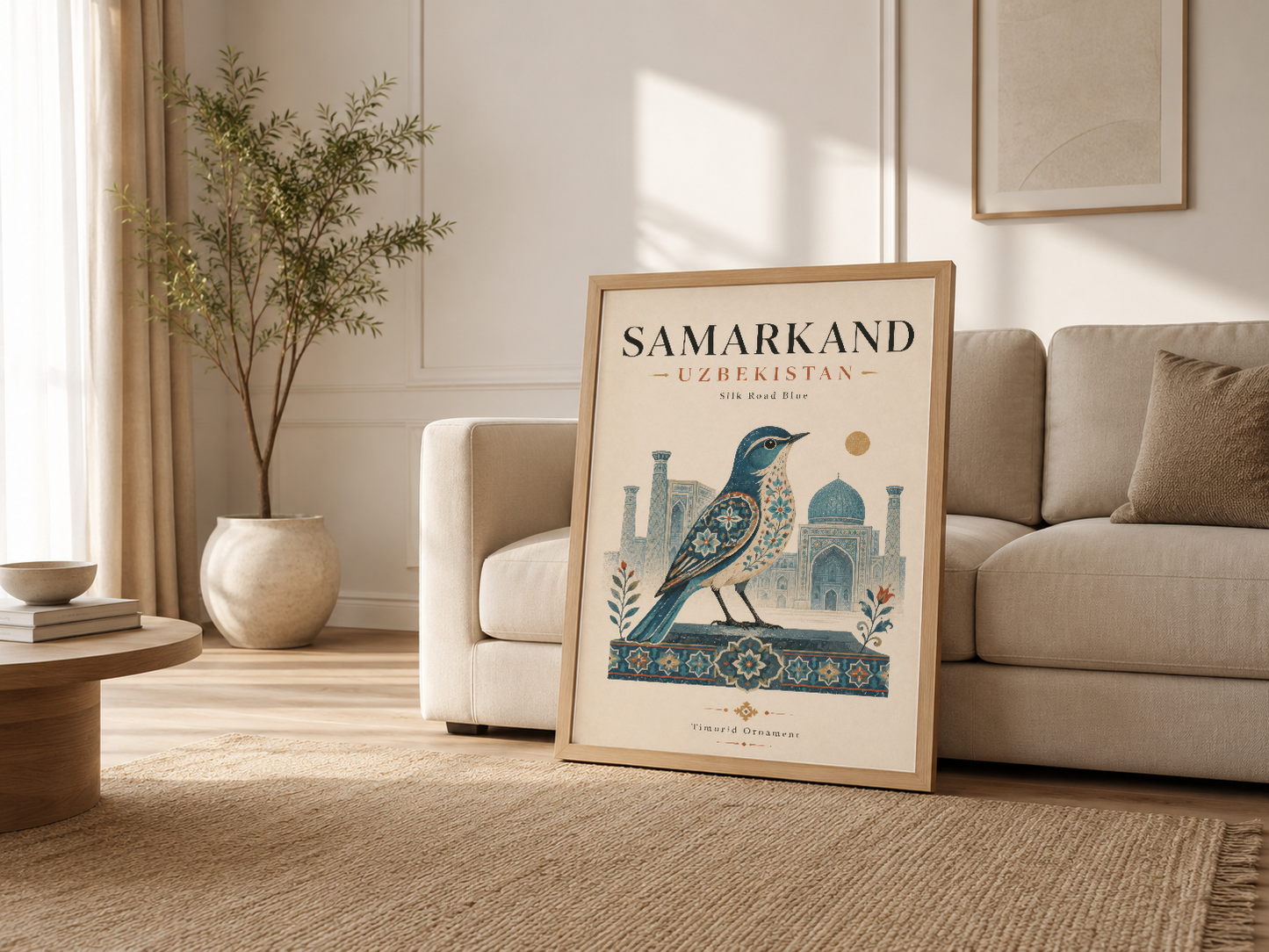 Ahşap çerçeveli Samarkand Uzbekistan posteri, krem renkli kanepenin yanında modern ev dekorasyonunda.