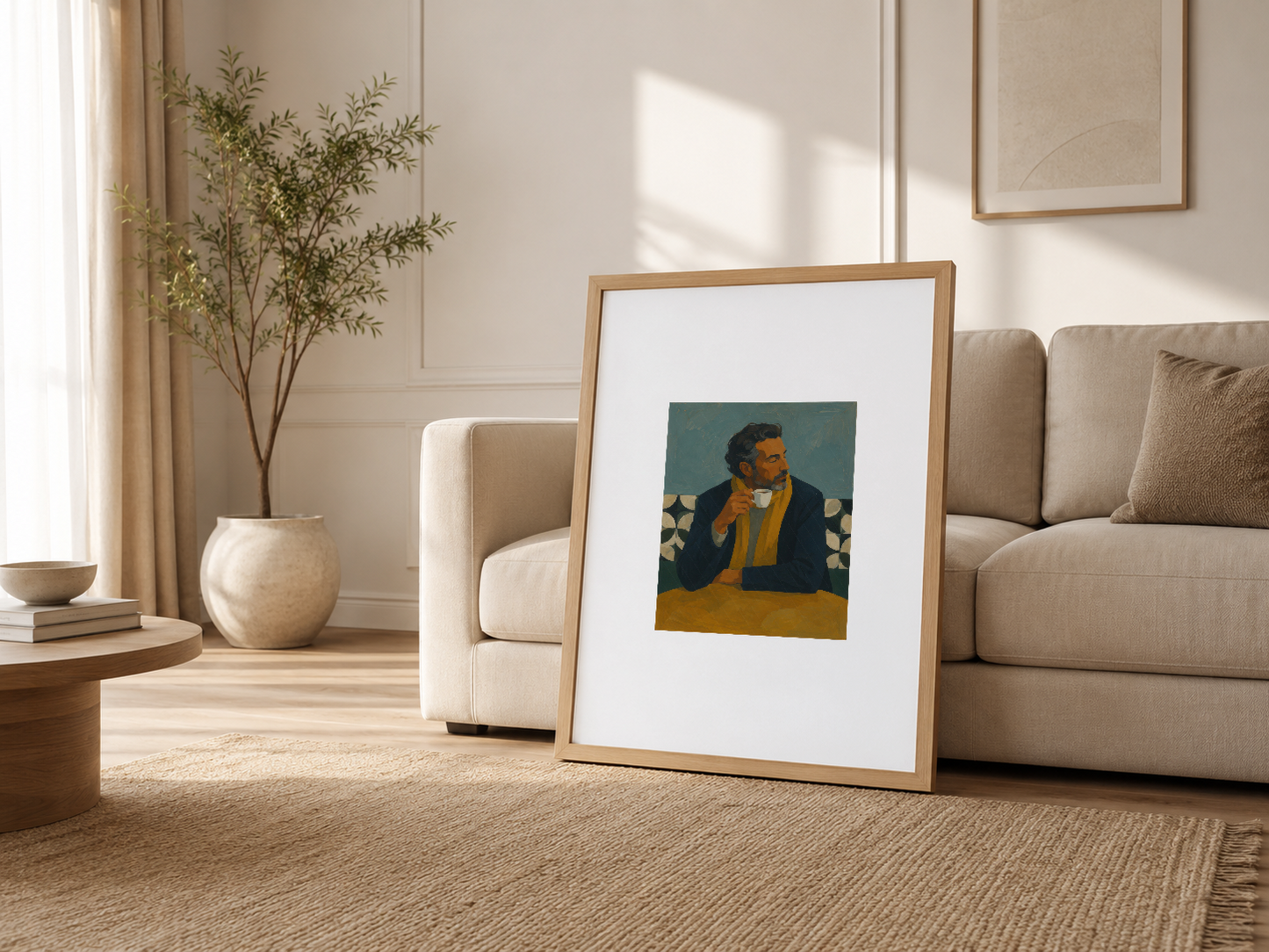 Ahşap çerçeveli retro portre, beige kanepenin yanında duran, ısıl minimalist oturma odasında.