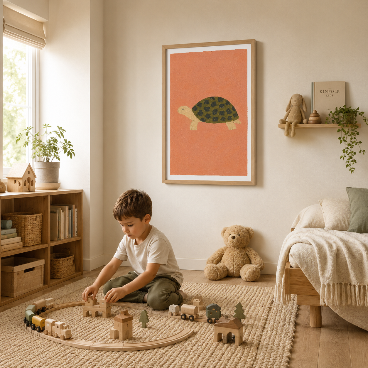 Çocuk yatak odası duvarında asılı, ahşap çerçeveli turuncu kaplumbağa posteri.