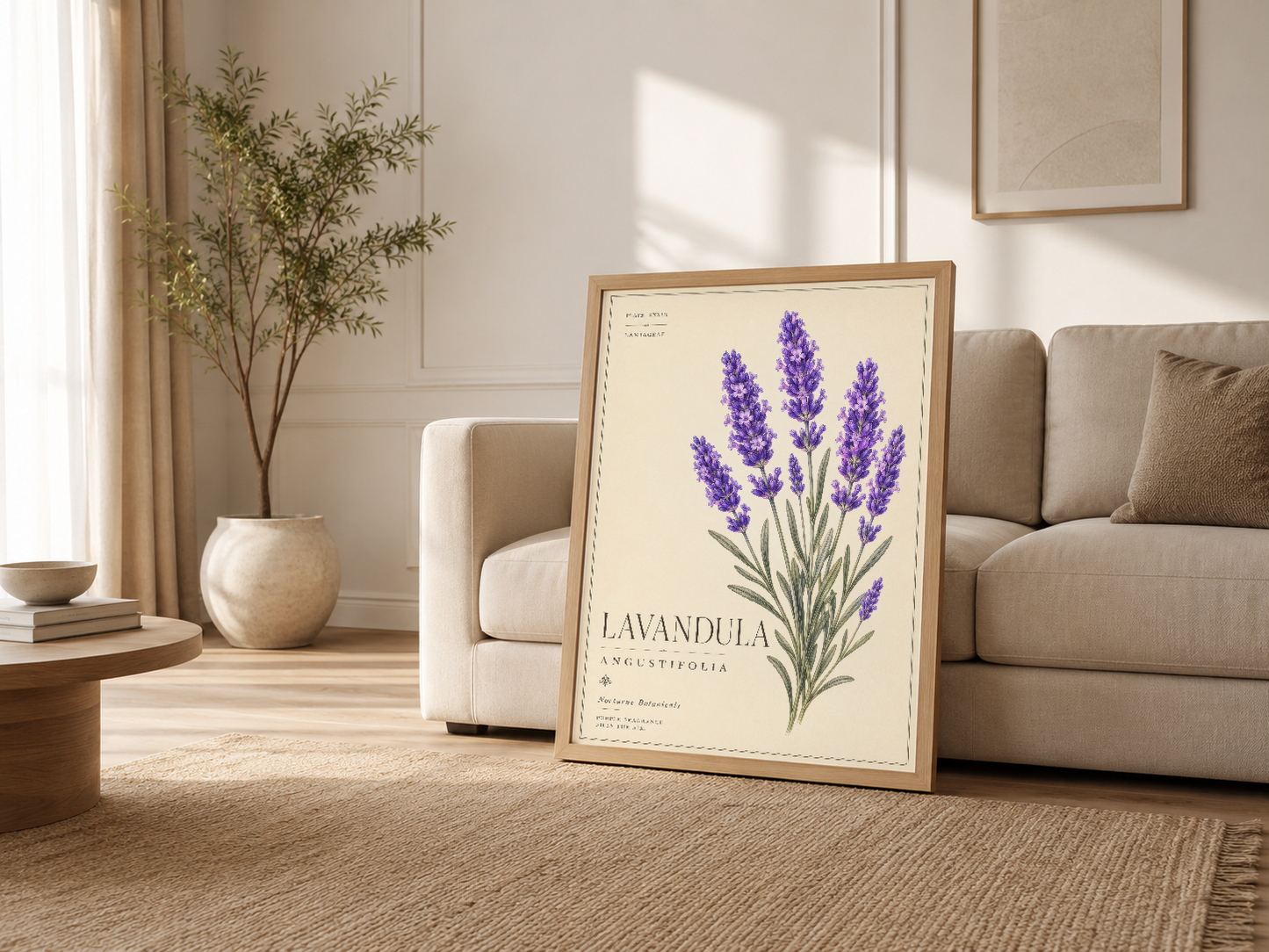 Modern oturma odasında, krem kanepenin yanında ahşap çerçeveli lavanda botanik tablosu, şık iç tasarım.