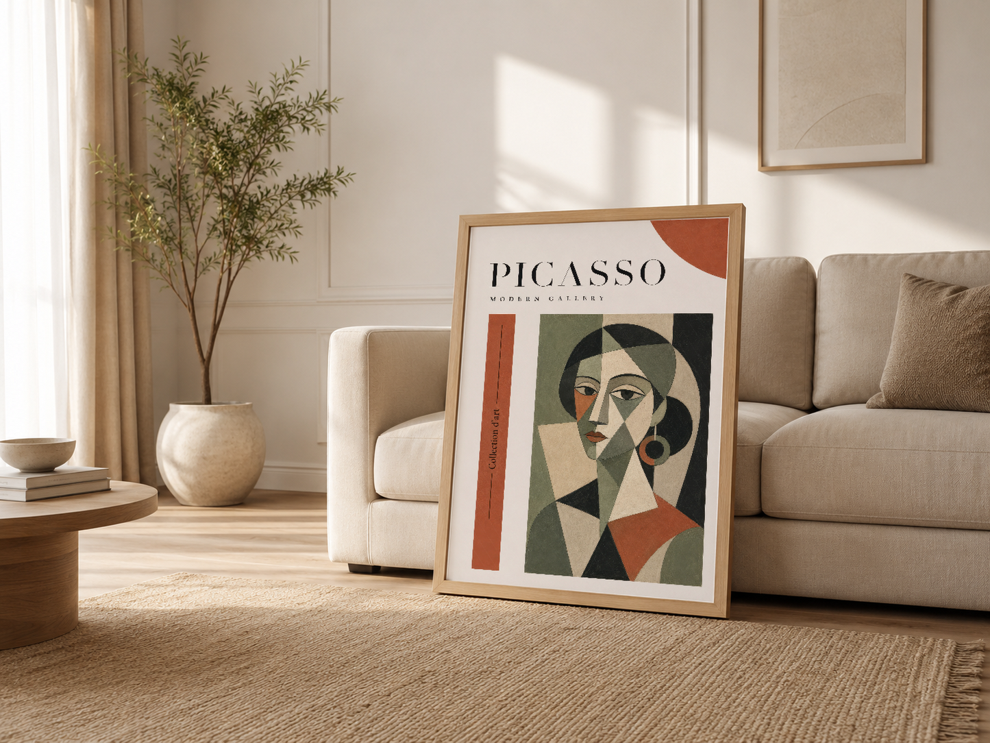 Krem tonda minimalist oturma odasında, ahşap çerçeveli Picasso tablosu kanepenin yanında duvar sanatı.