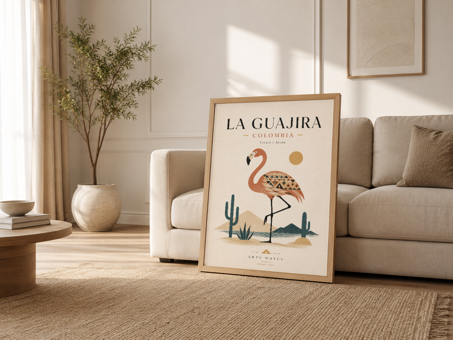 Salon dekorasyonunda ahşap çerçeveli La Guajira Colombia posteri, minimalist çöl stilinde.