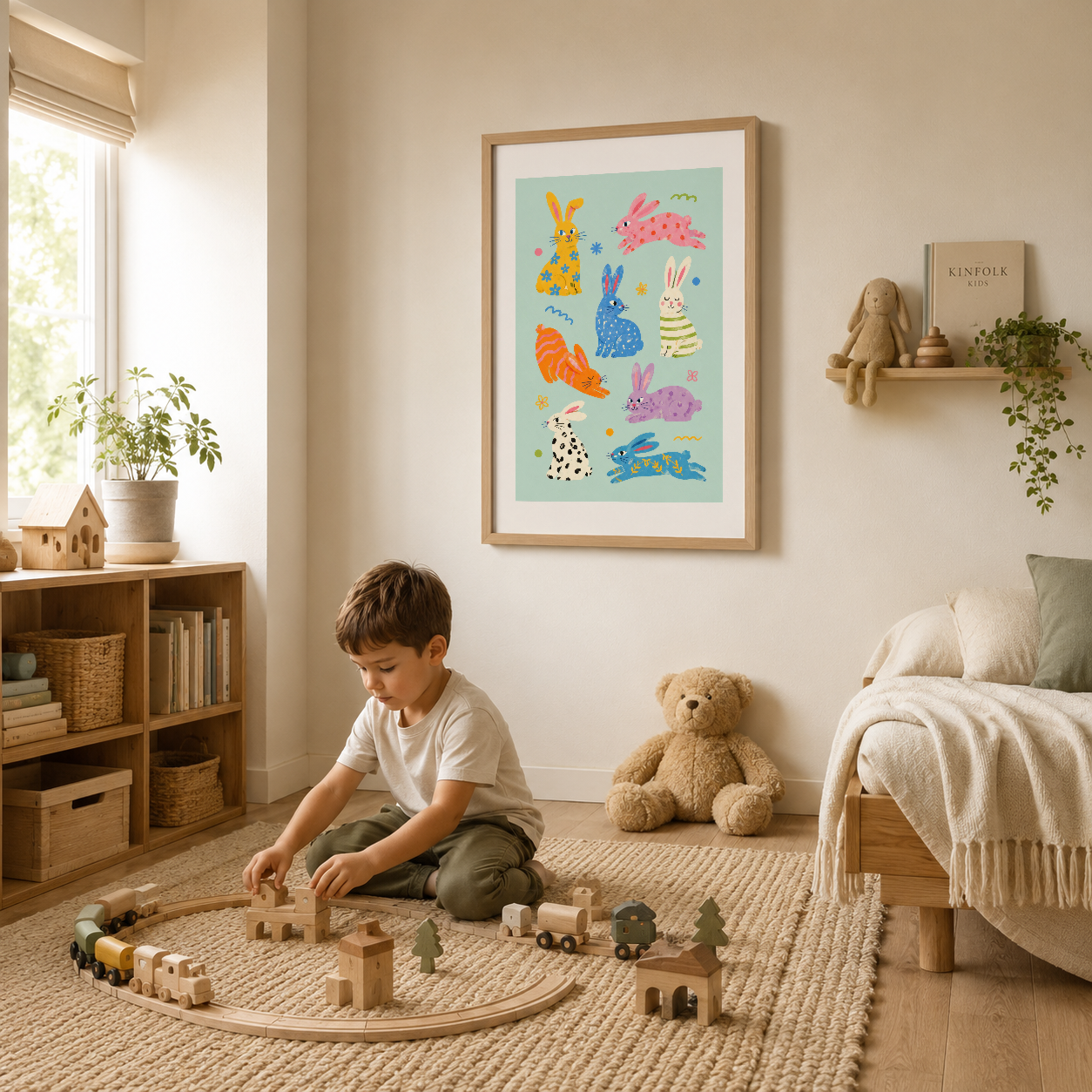 Ahşap çerçeveli çocuk posteri, modern yaşlı yatak odasında oyun zamanı dekorasyon.