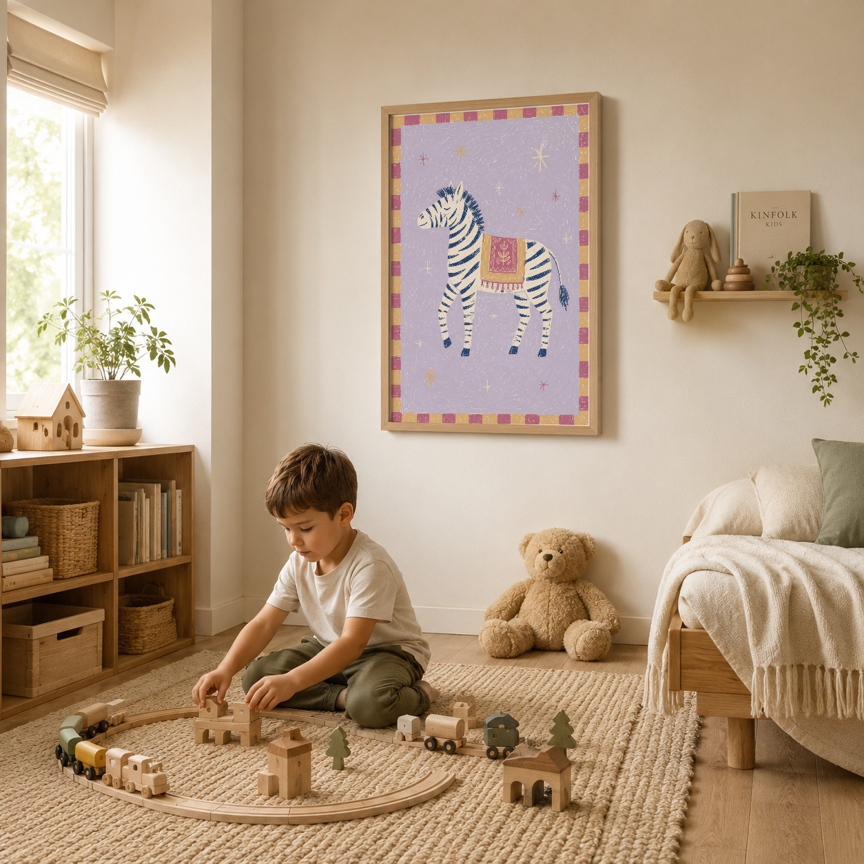 Genç çocuk yatak odasında ahşap çerçevede, masalsı zebra figürlü sanat tablosu dekor olarak.