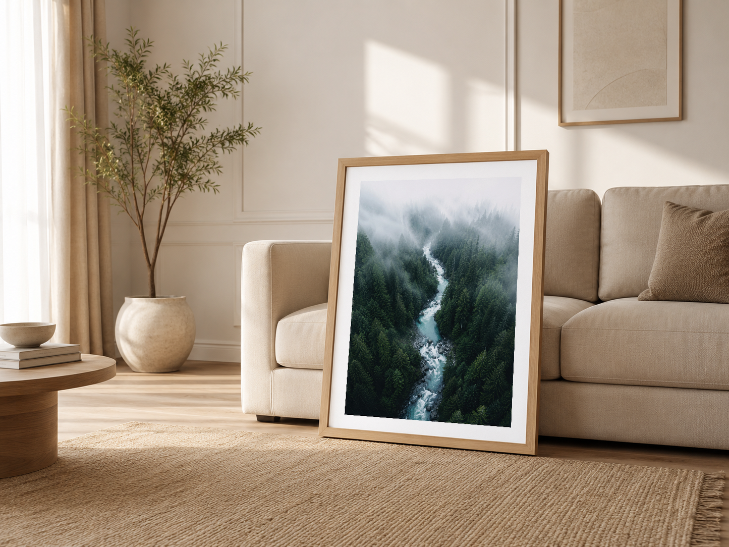 Rahat oturma odasında, ahşap çerçeveli sis ormanı posteri minderin yanında sergilenen dekoratif tablo.
