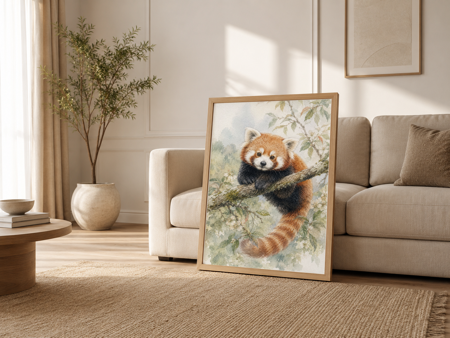 Açık oturma odasında kanepenin yanında, ahşap çerçeveli kırmızı panda tablosu.