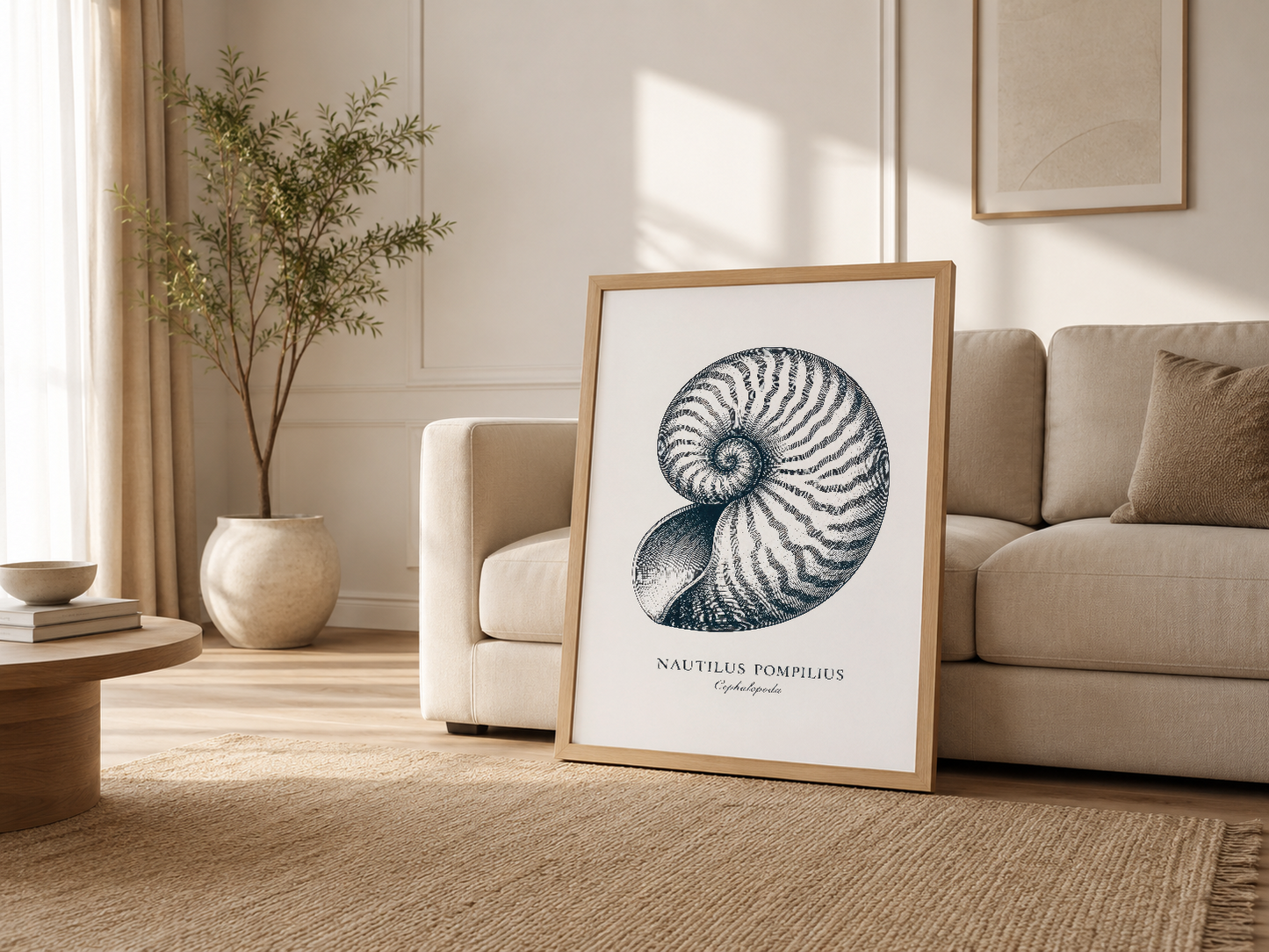 Şık oturma odasında, ahşap çerçeveli nautilus posteri, nötr mobilyalar ve doğal ışıkla harmoni içinde.