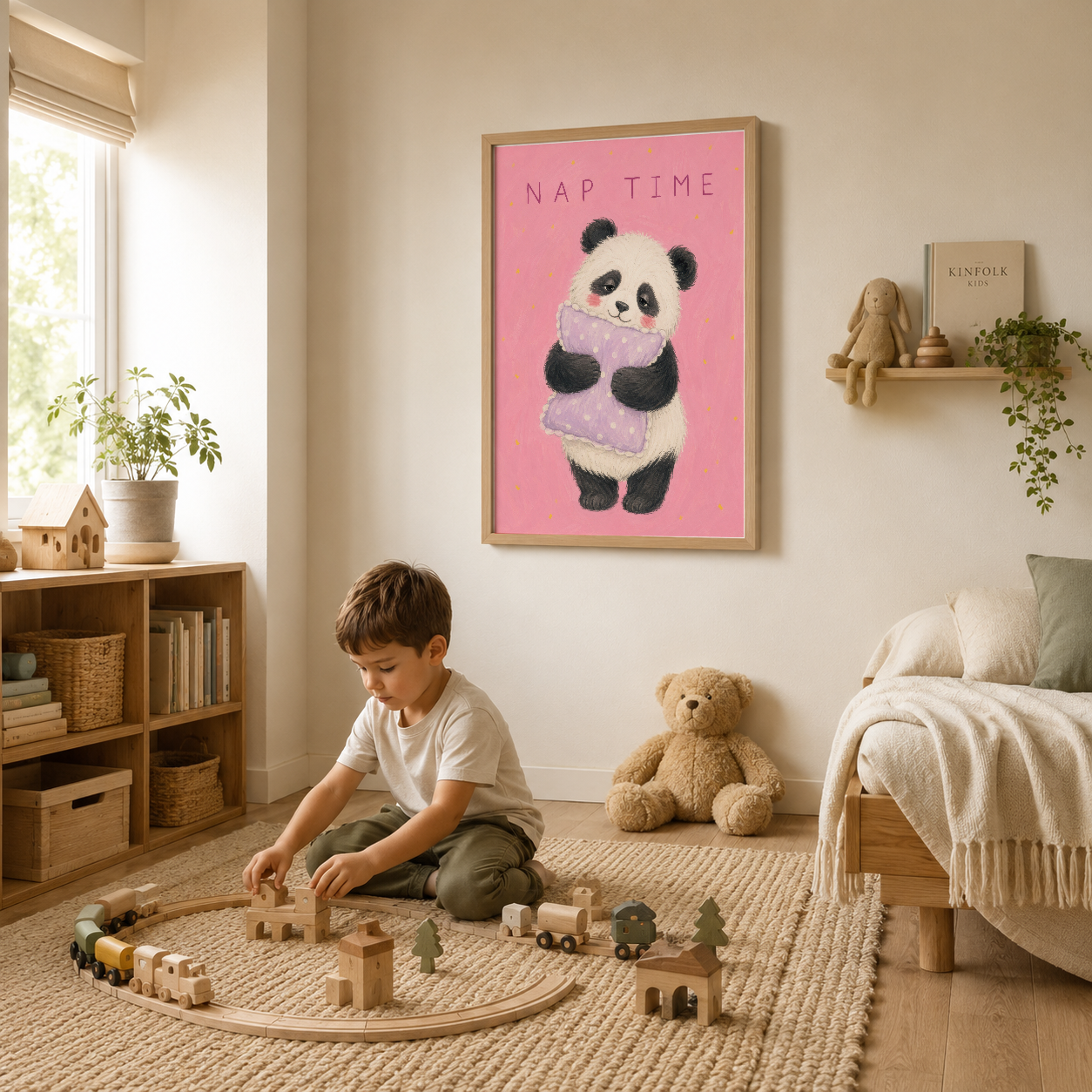 Çocuk yatak odasında ahşap çerçeveli, mor battanılı panda desenli duvar tablosu.