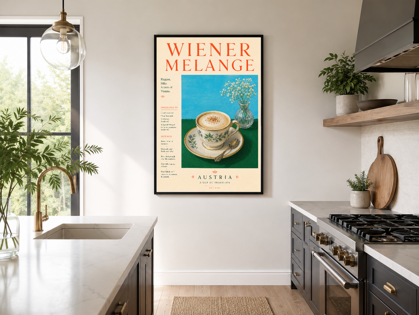 Modern siyah mutfakta siyah çerçeveli Avusturya kahve posteri, vintage stilin çağdaş tasarımla birleştiği dekoratif duvar