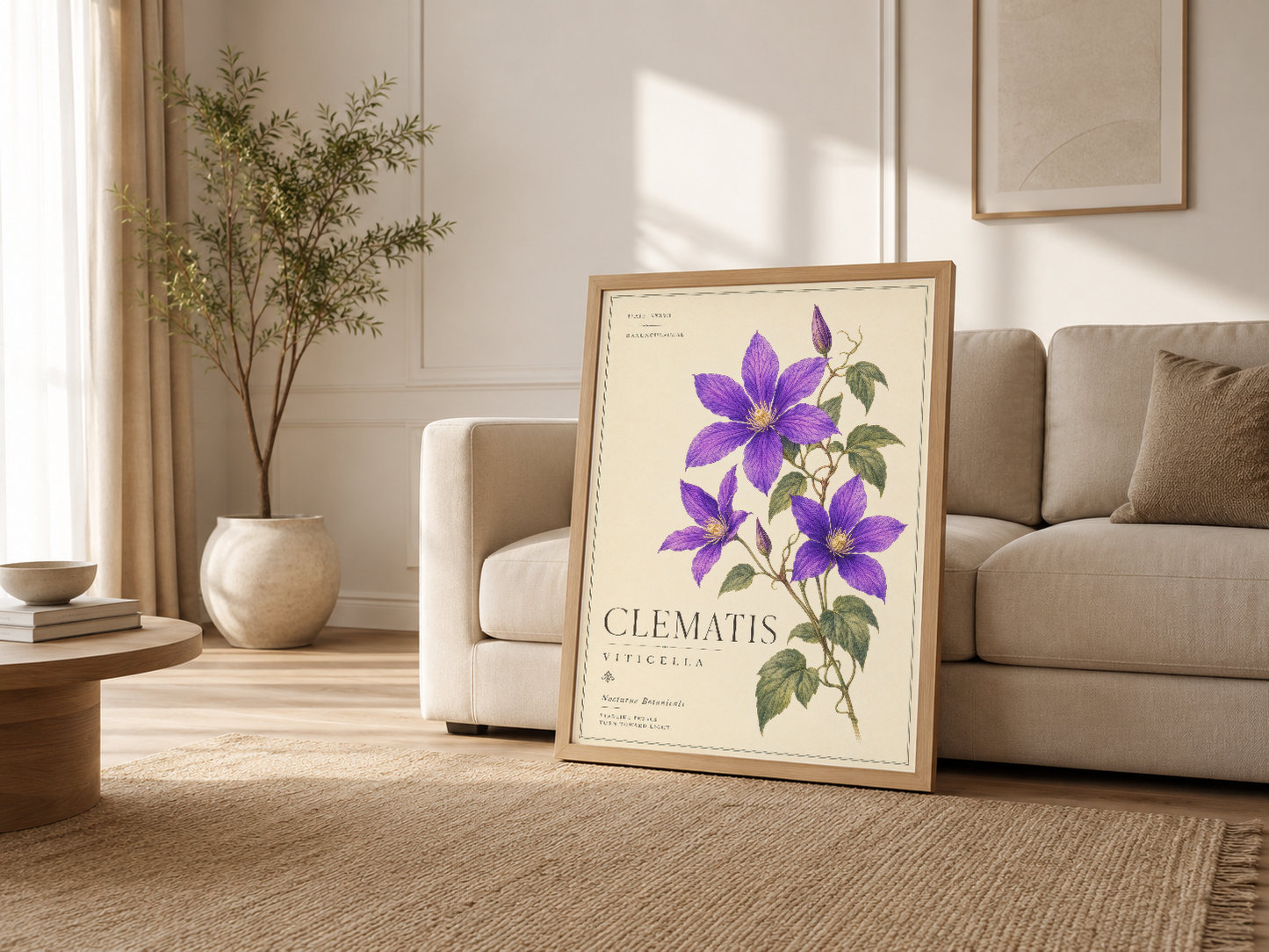 Şık yaşam odasında, kanepenin yanında ahşap çerçeveli Clematis botanik tablosu.