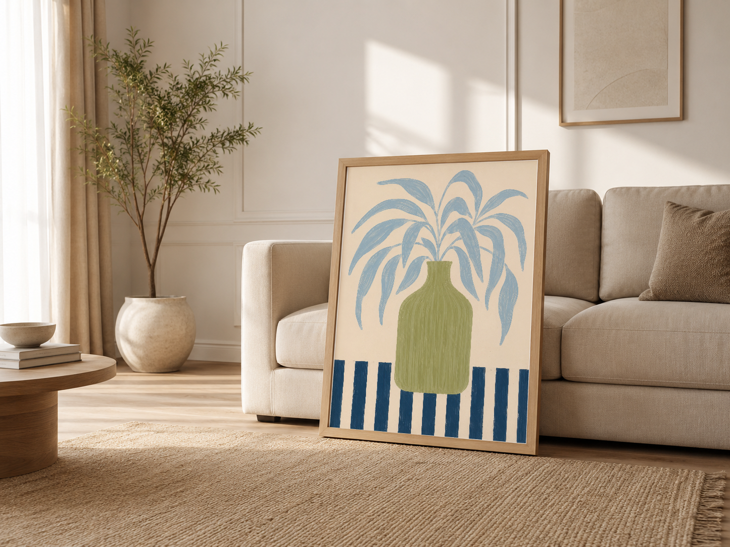 Parlak oturma odasının kanepe yanında, ahşap çerçeveli minimalist bitki baskısı.
