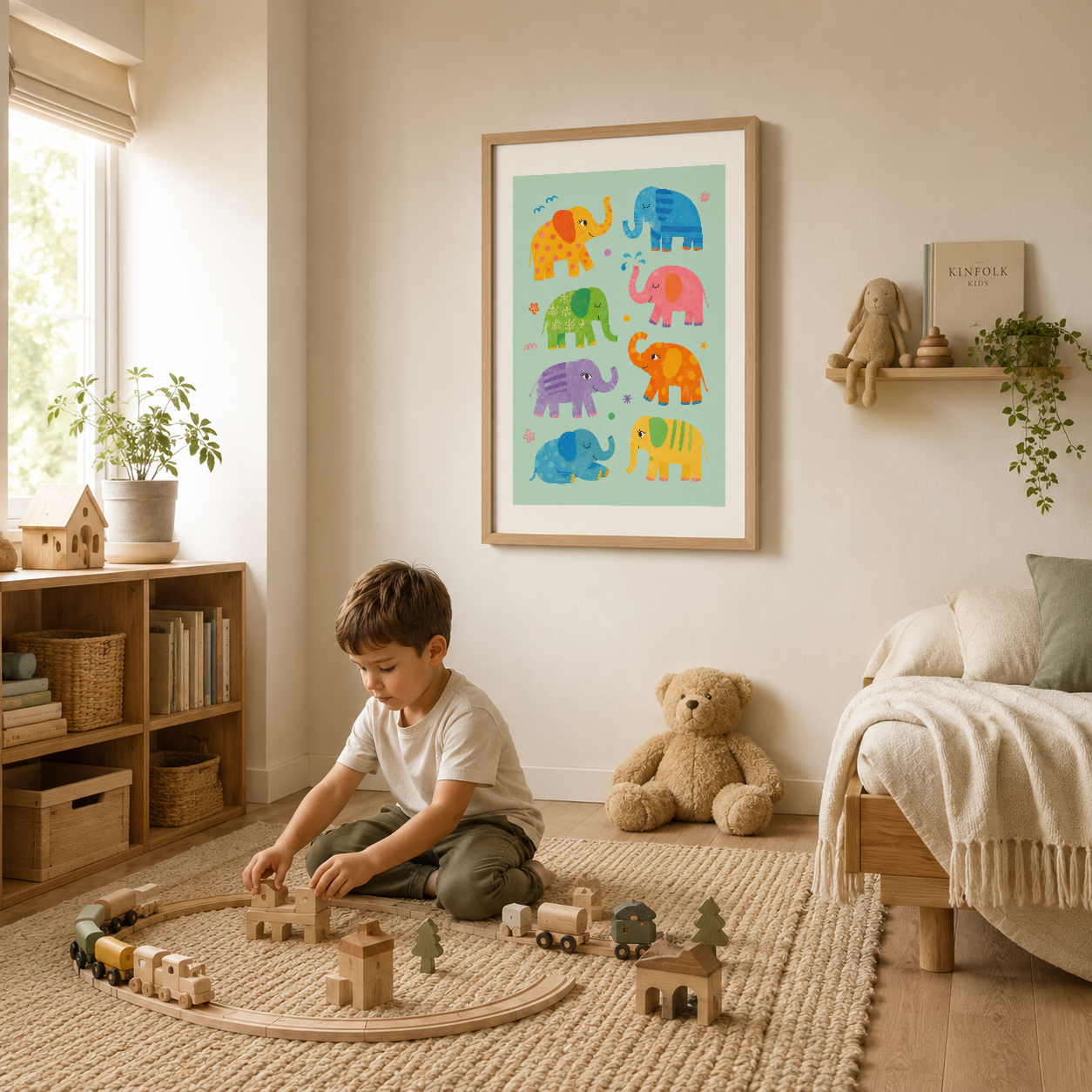 Çocuk odası duvarında renkli fil posteri, oyun alanıyla uyumlu sevimli dekoratif sanat eseri.