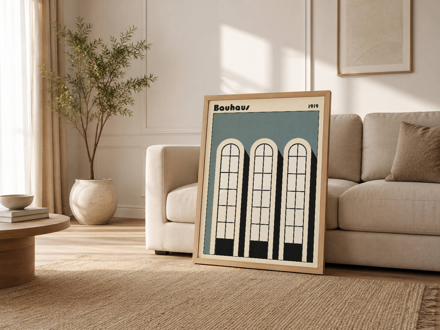 Açık oturma odasında, kanepenin yanında ahşap çerçeveli Bauhaus tablosu, modern ev dekorasyonu.