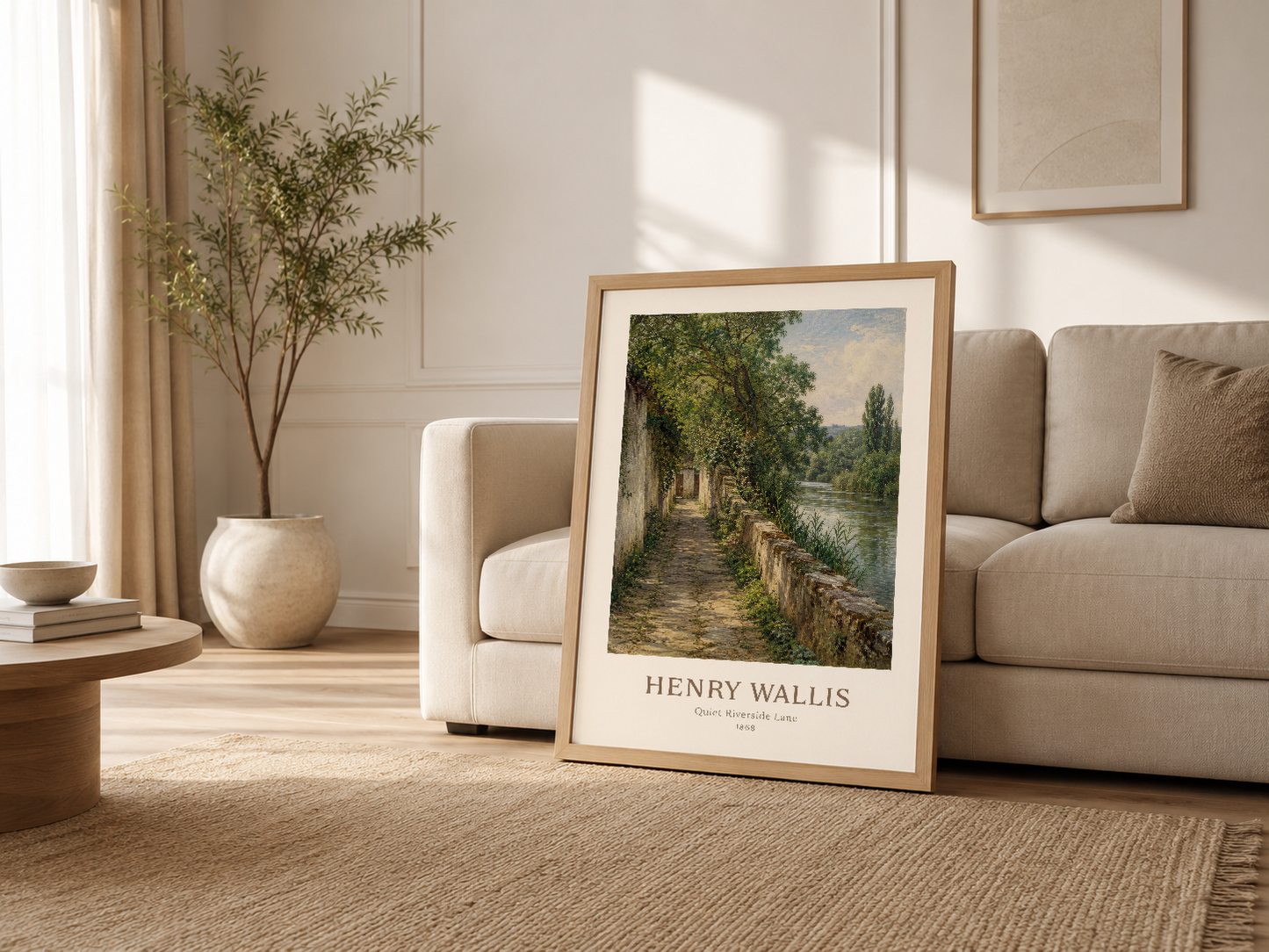 Açık oturma odasında, krem rengi kanepenin yanında ahşap çerçeveli Henry Wallis posterinin dekorasyonla sunumu.
