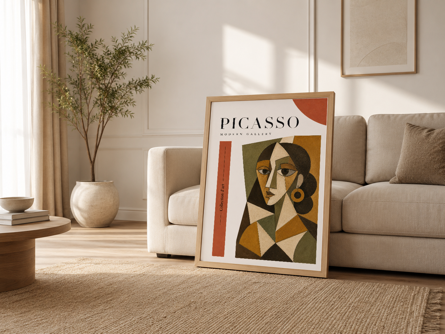 Ahşap çerçeveli Picasso Modern Gallery posteri, modern oturma odasında kanepenin yanında rahatlık ve stil sağlıyor.
