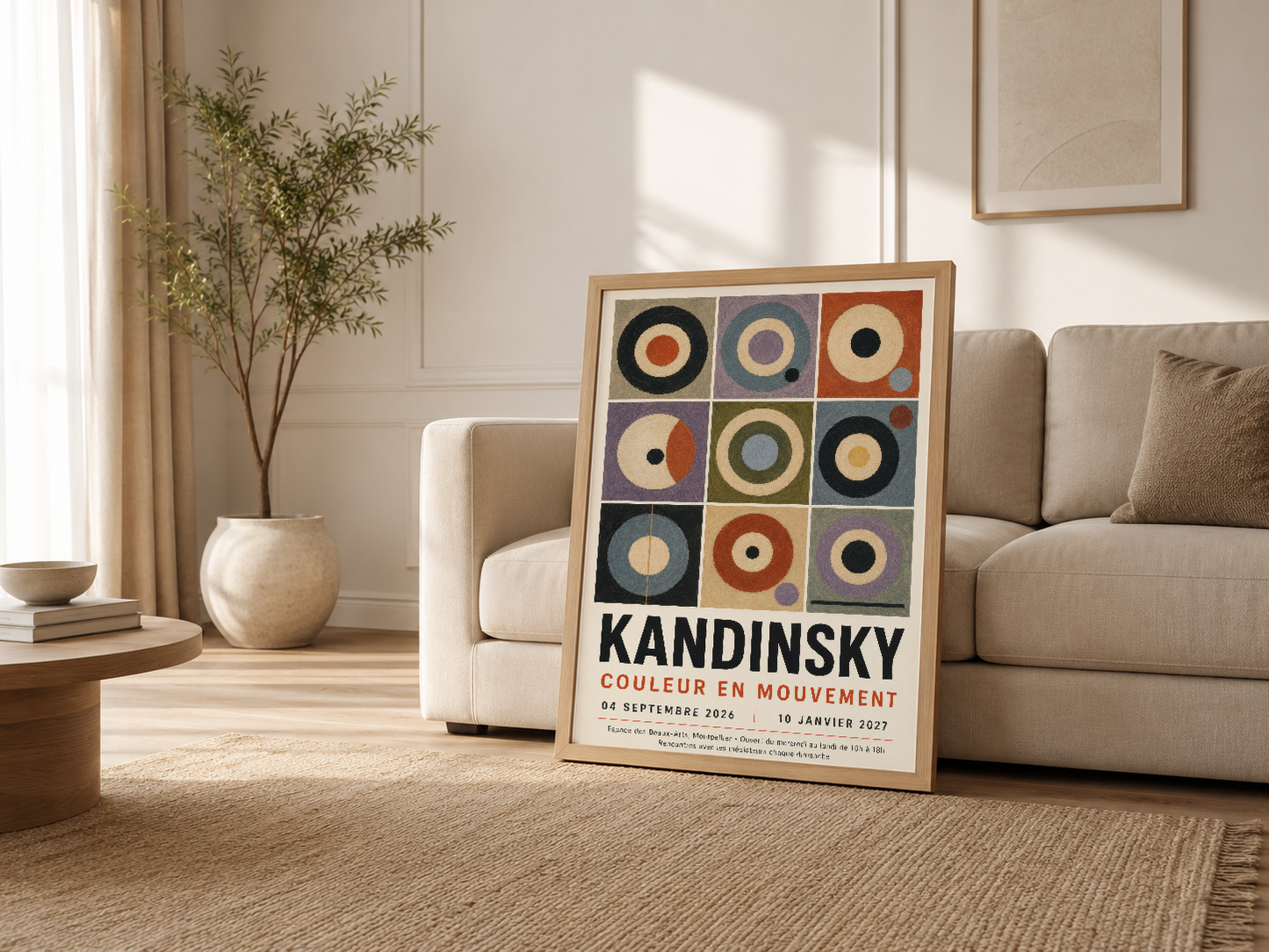Açık renk oturma odasında, kanepenin yanında ahşap çerçeveli Kandinsky sanat posteri gösteriliyor.