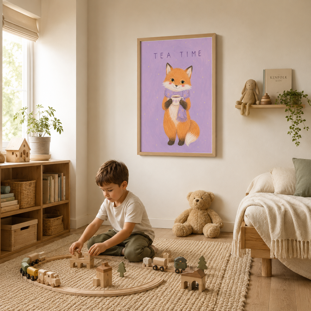 Çocuk yatak odasının duvarında, ahşap çerçevede sergilenen sevimli tilki posteri, doğal dekorasyonla uyumlu.
