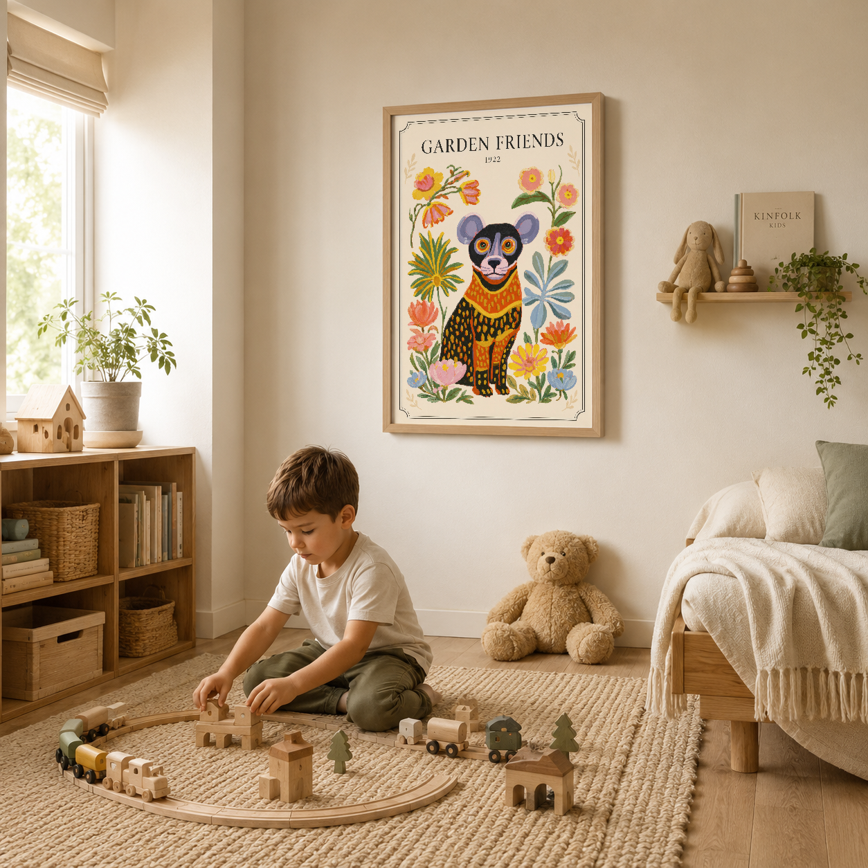 Ahşap çerçevede oyun alanı duvarında asılı, bohem tarzda çiçek ve hayvan illustrasyonu.