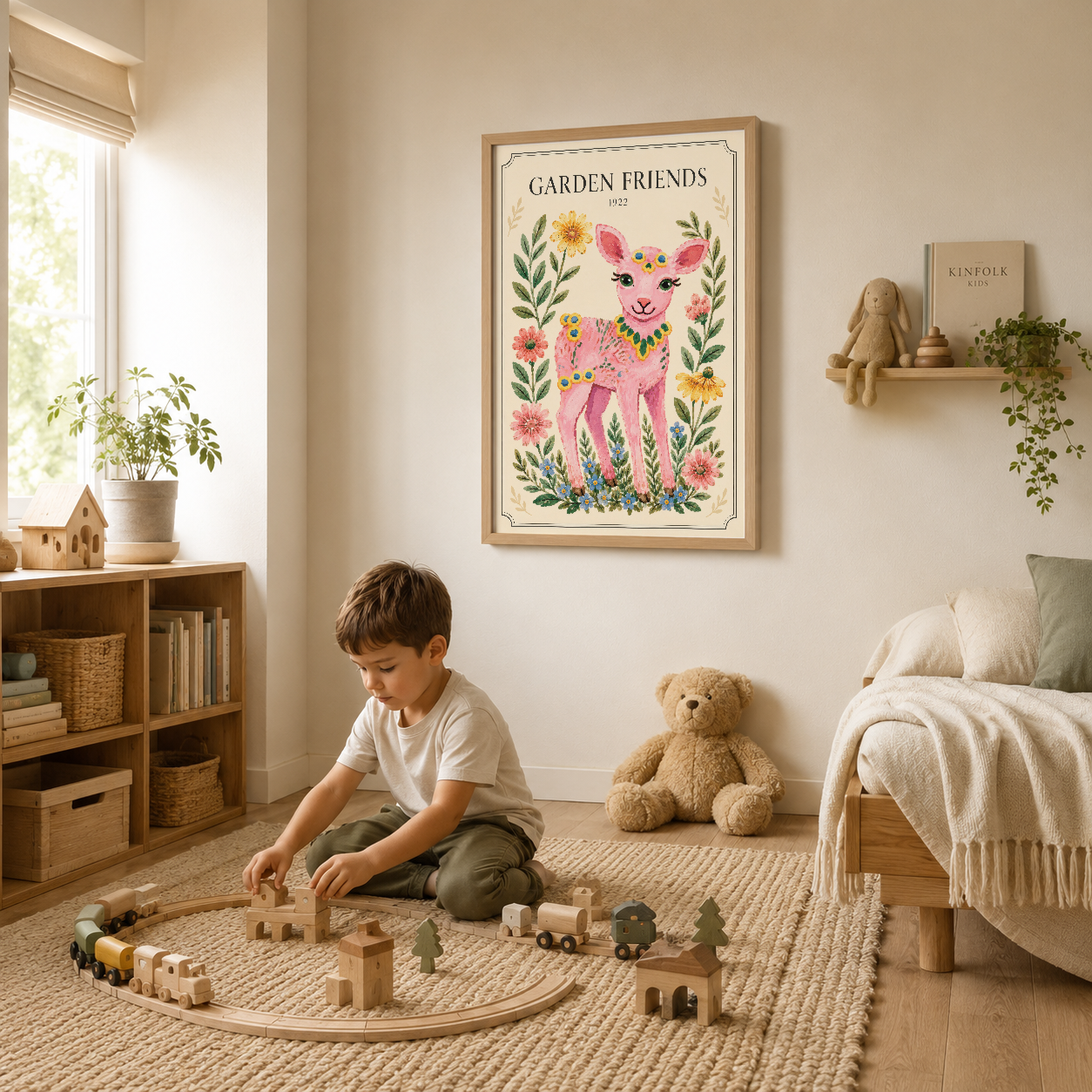 Çocuk yatak odasında ahşap çerçeveli Garden Friends posteri, doğal tonda dekorasyonda