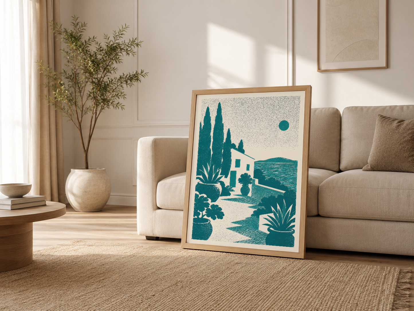 Oturma odasında açık çerçeveli poster, Akdeniz köy peyzajı ve minimalist sanat stilini sergilemek için mükemmel.