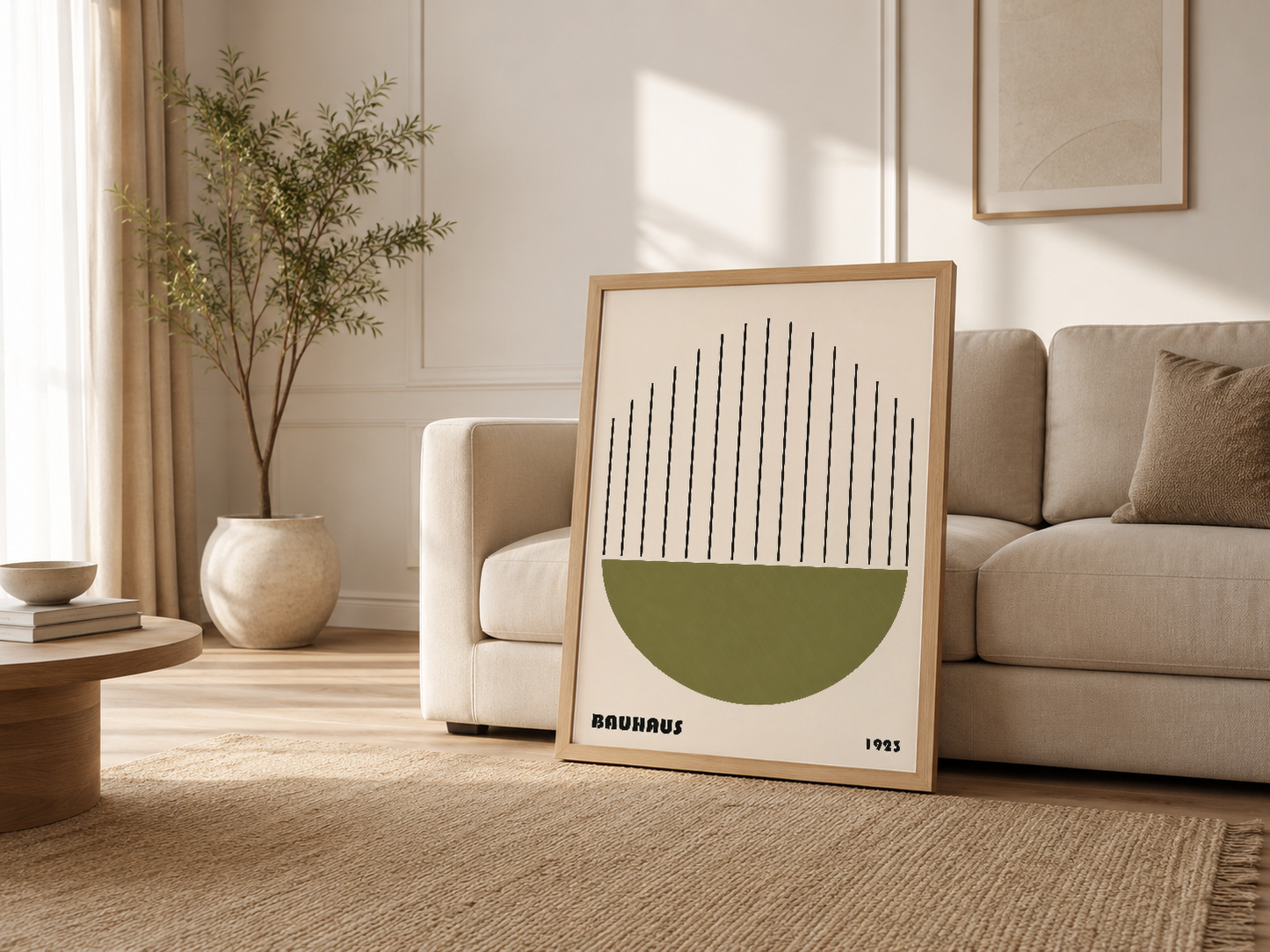 Modern oturma odasında ahşap çerçeveli Bauhaus posteri, beige kanepenin yanında.