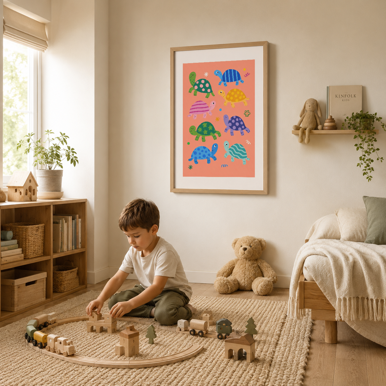 Neşeli kaplumbağa deseni sanat tablosu, ahşap çerçevede çocuk yatak odasının duvar dekorasyonunu tamamlıyor.