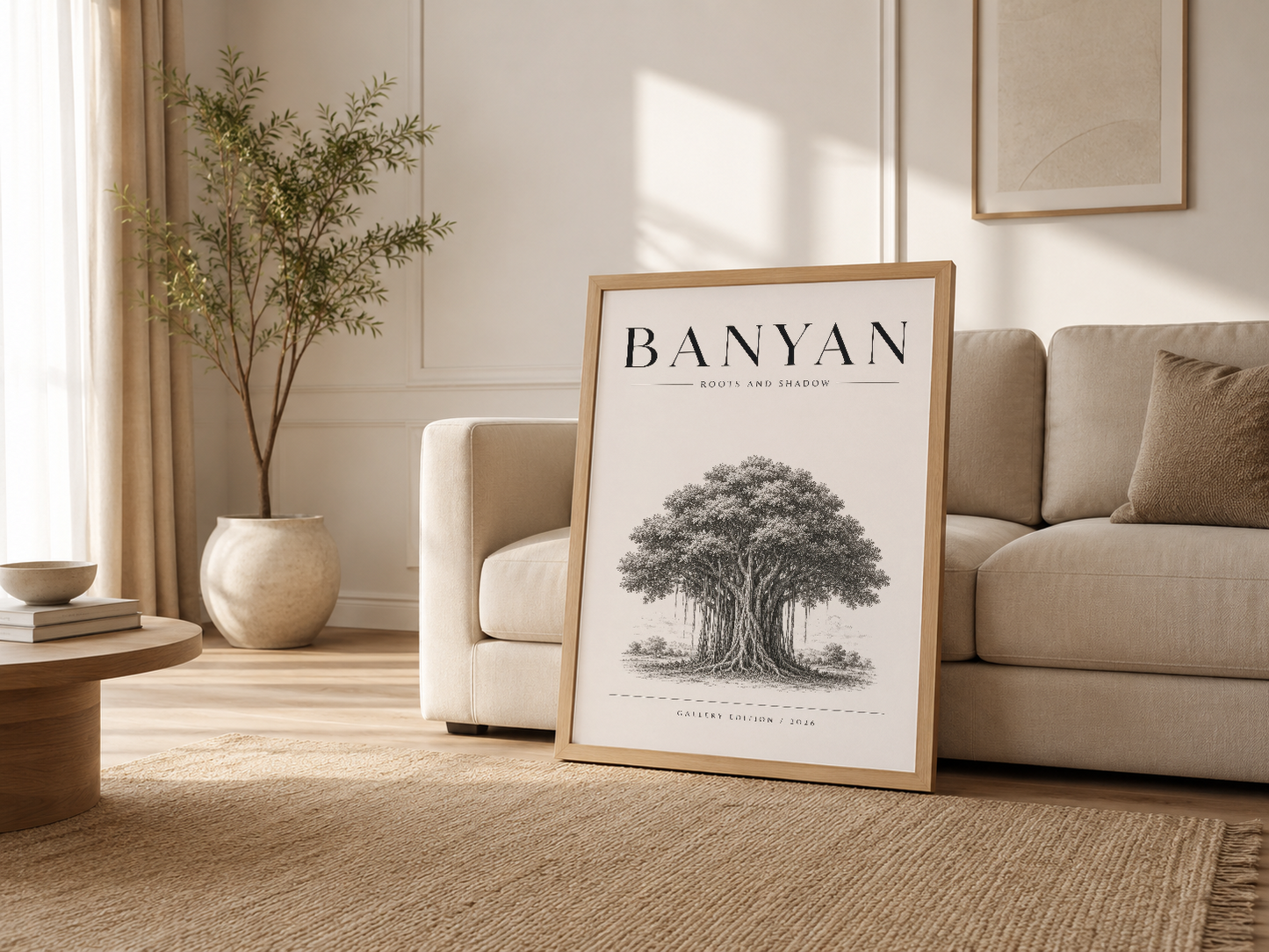 Ahşap çerçeveli Banyan posteri, açık salon ortamında krem kanepenin yanında rahatlığı ve doğallığı yansıtan sanat