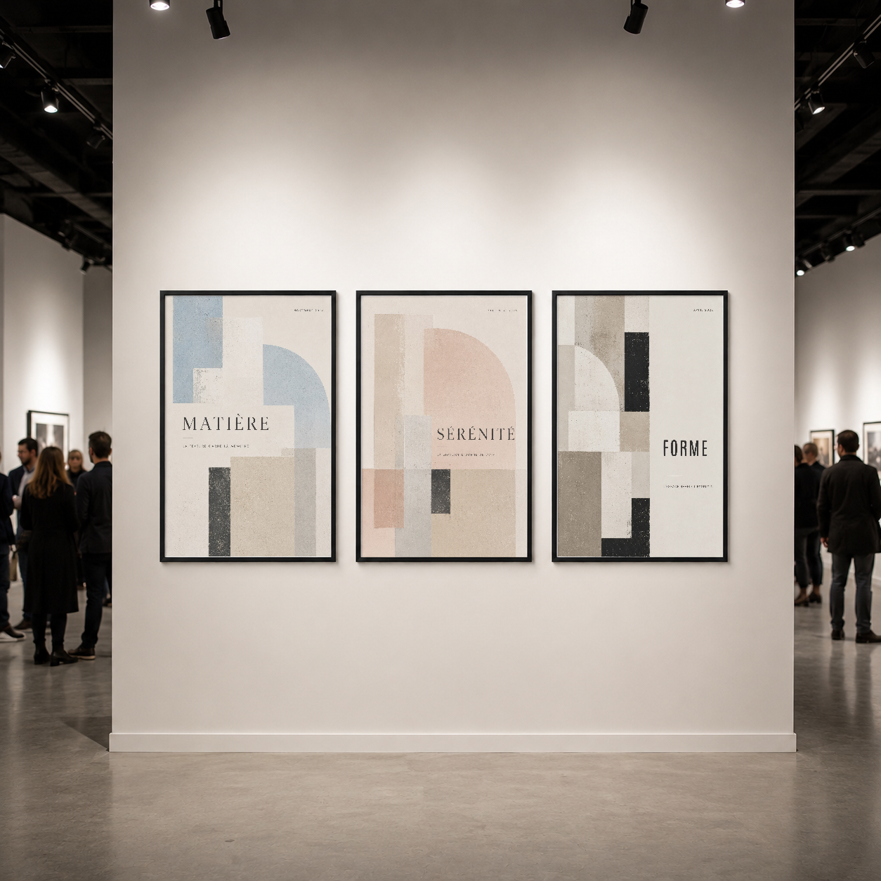 Modern galeri alanında siyah çerçeveli üç parçalı tablo koleksiyonu, soyut geometrik tasarım.