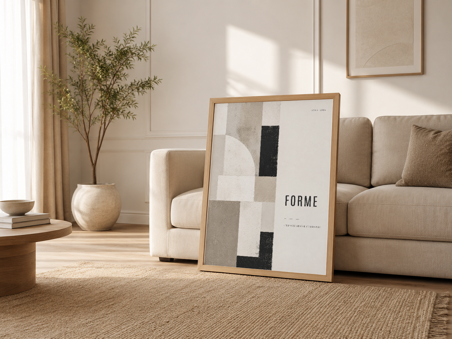 Forme posteri ahşap çerçevede, minimalista ev dekorasyonunda kanepenin yanında.