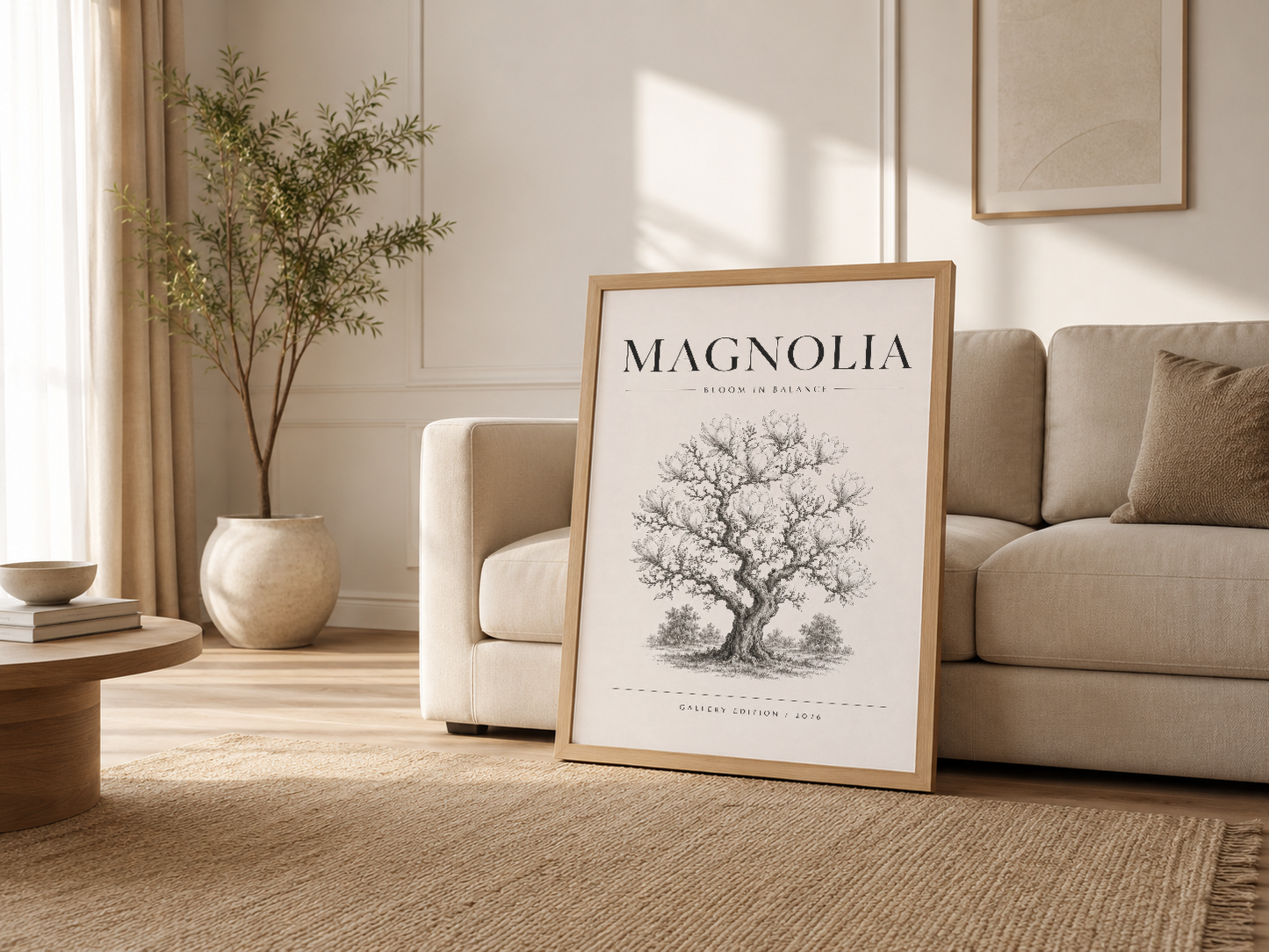 Aydınlık oturma odasında, ahşap çerçeveli Magnolia tablosu kanepenin yanında rahat ortam yaratır.
