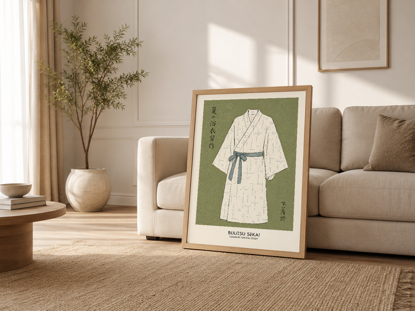 Çağdaş oturma odasında, beige çerçeveli yukata posteri kanepenin yanında sergilenmesi