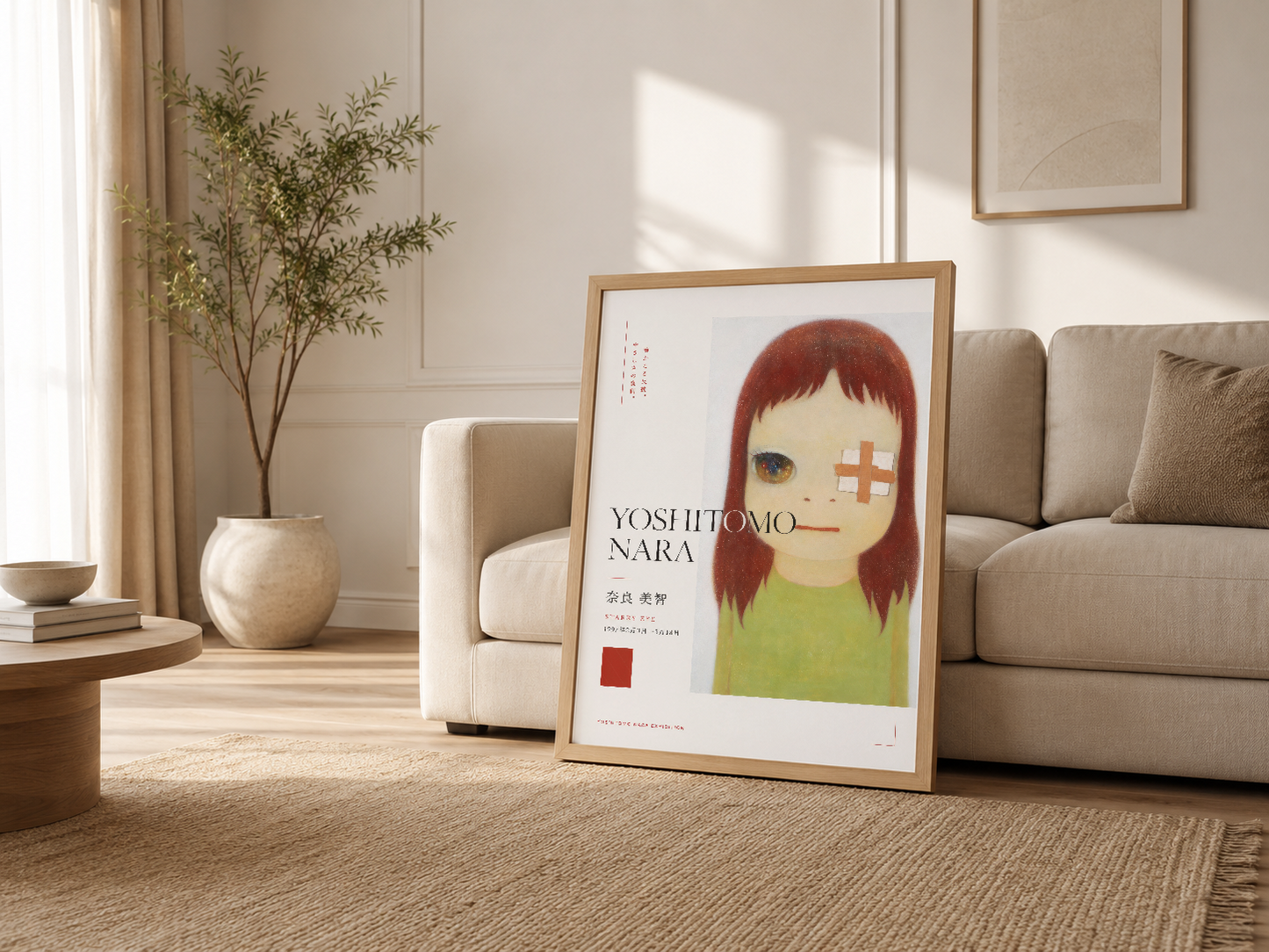 Minimalist oturma odasında, kanepenin yanında ahşap çerçeveli Yoshitomo Nara sanat baskısı