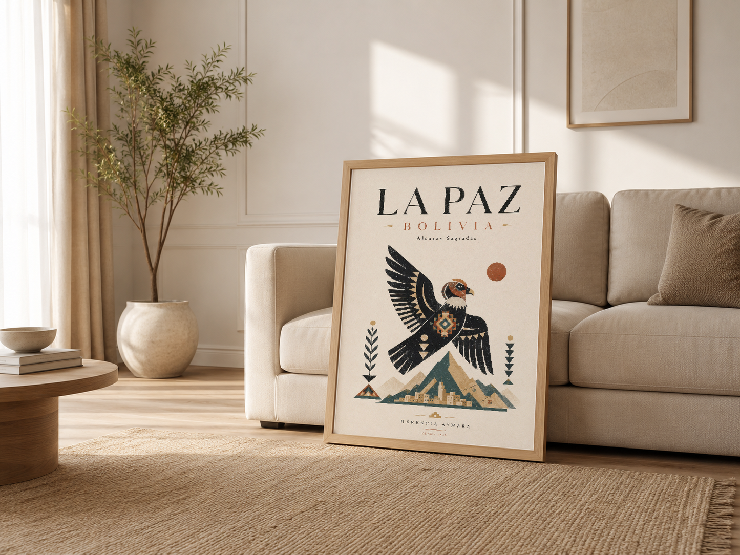 Ahşap çerçeveli La Paz Bolivia tablosu, minimalist yaşam odasında kanepenin yanında sergilendi.