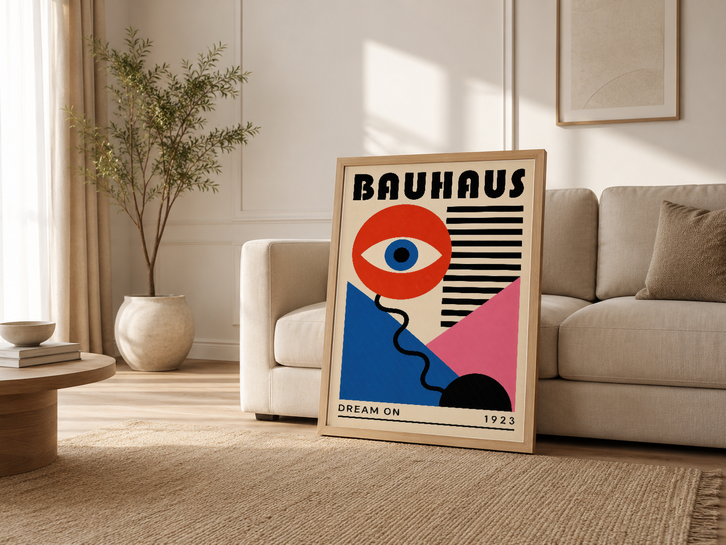 Oturma odasında, kanepenin yanında duran Bauhaus Dream On posteri, geometrik tasarım ve canlı renkler, minimalist iç tasarım