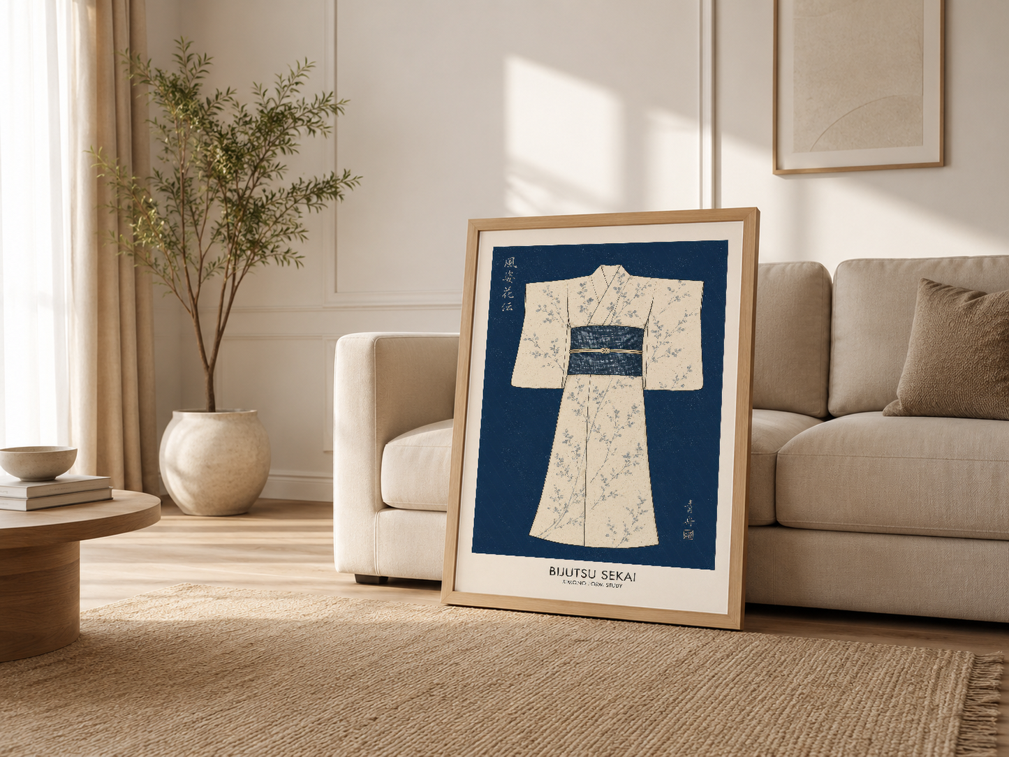 Ahşap çerçeveli geleneksel kimono sanat baskısı, modern oturma odasında kanepenin yanında konumlandırılmış.