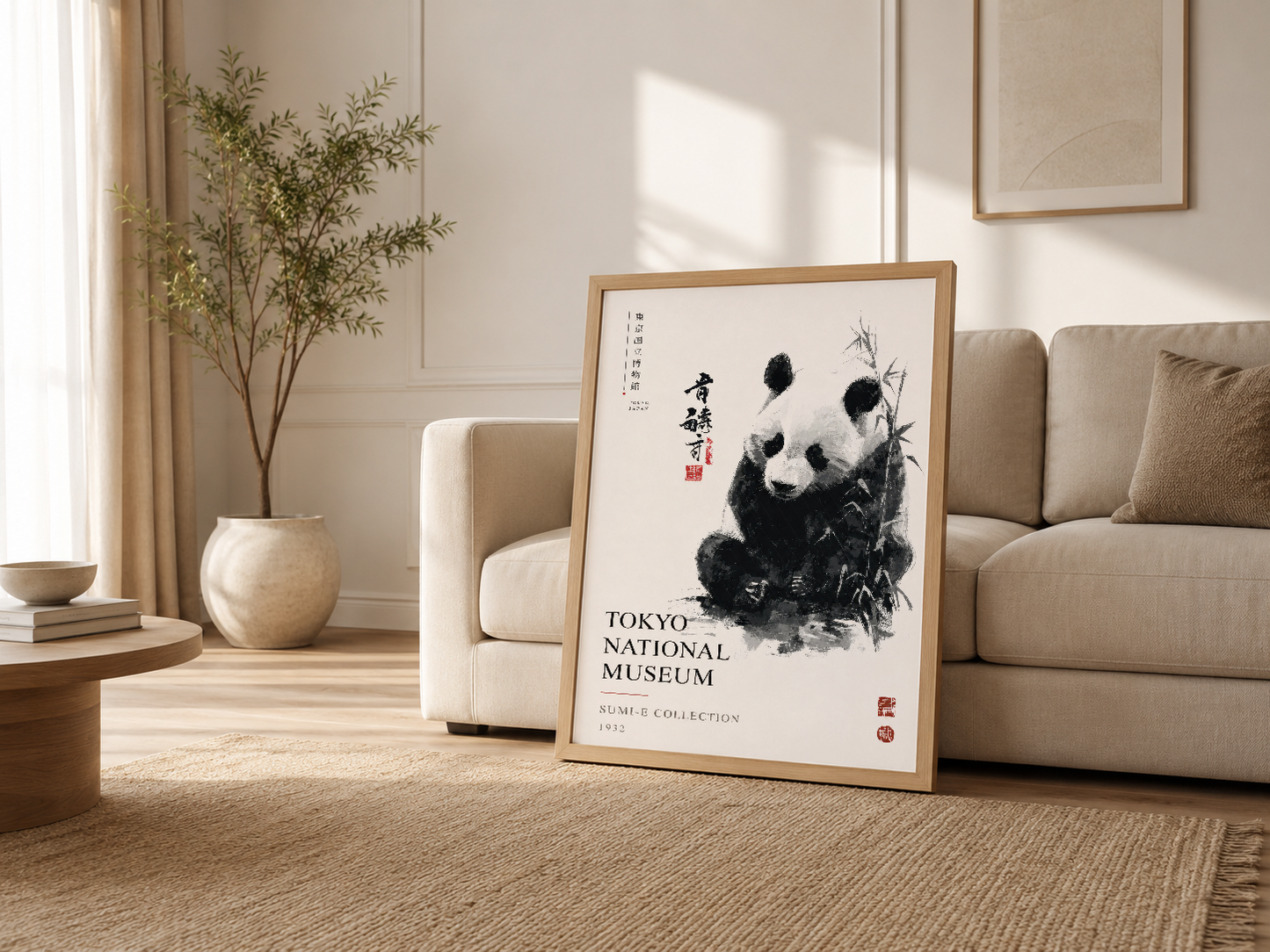 Ahşap çerçeveli panda sanat tablosu, krem renkli oturma odasında kanepenin yanında, doğal ışık içinde sergilenen dekoratif