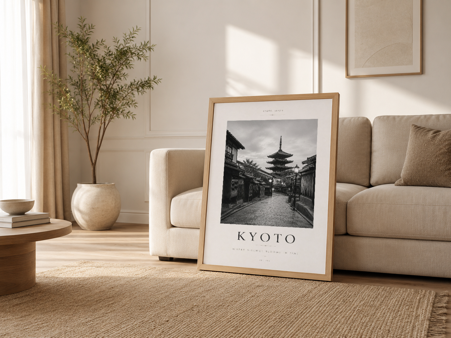 Açık renkli oturma odasında, ahşap çerçeveli Kyoto posterı kanepenin yanında yaslı duruşta