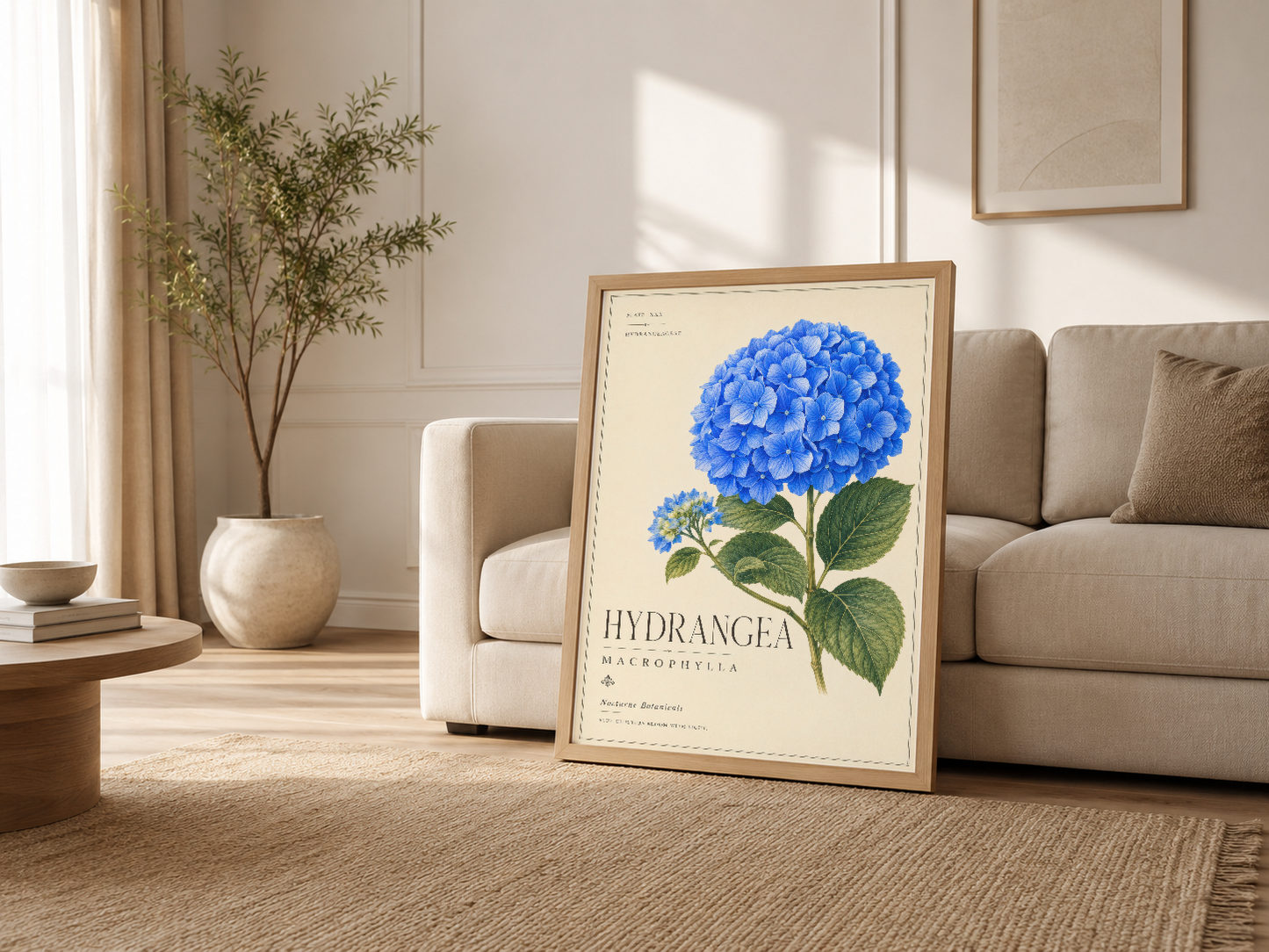 Açık renkli oturma odasında ahşap çerçeveli hortensia tablosu, kanepenin yanı başında sanatsal bir vurgu yaratıyor.