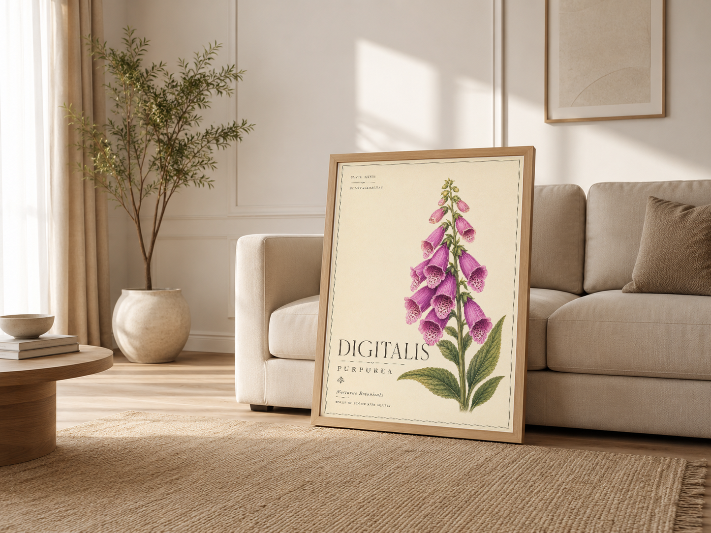 Ahşap çerçeveli Digitalis Purpurea tablosu, modern salon dekorasyonunda kanepenin yanında konumlanmış.