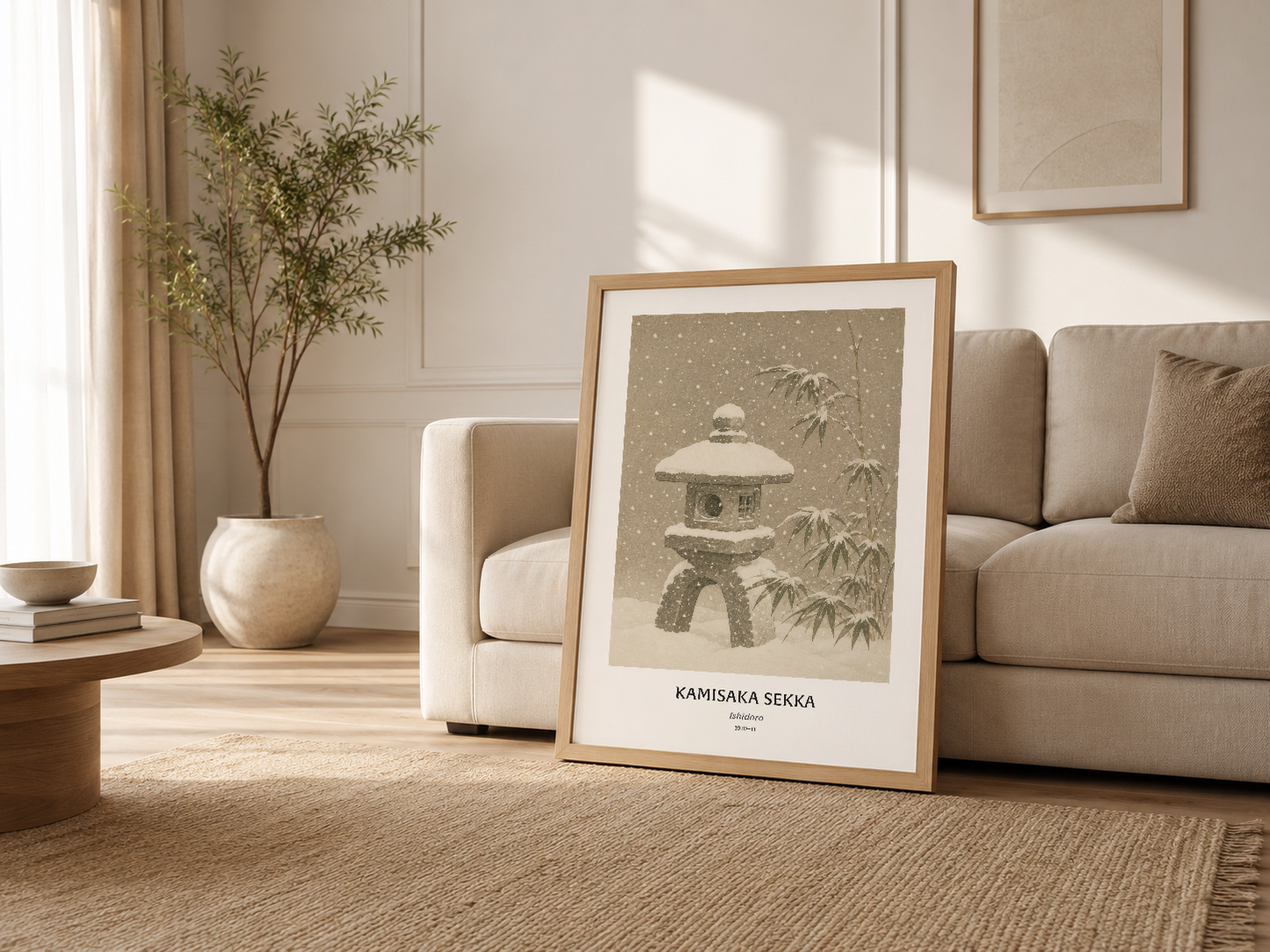 Krem renkli oturma odasında ahşap çerçeveli Ishidoro poster kanepedir yanında dekoratif sergileme.