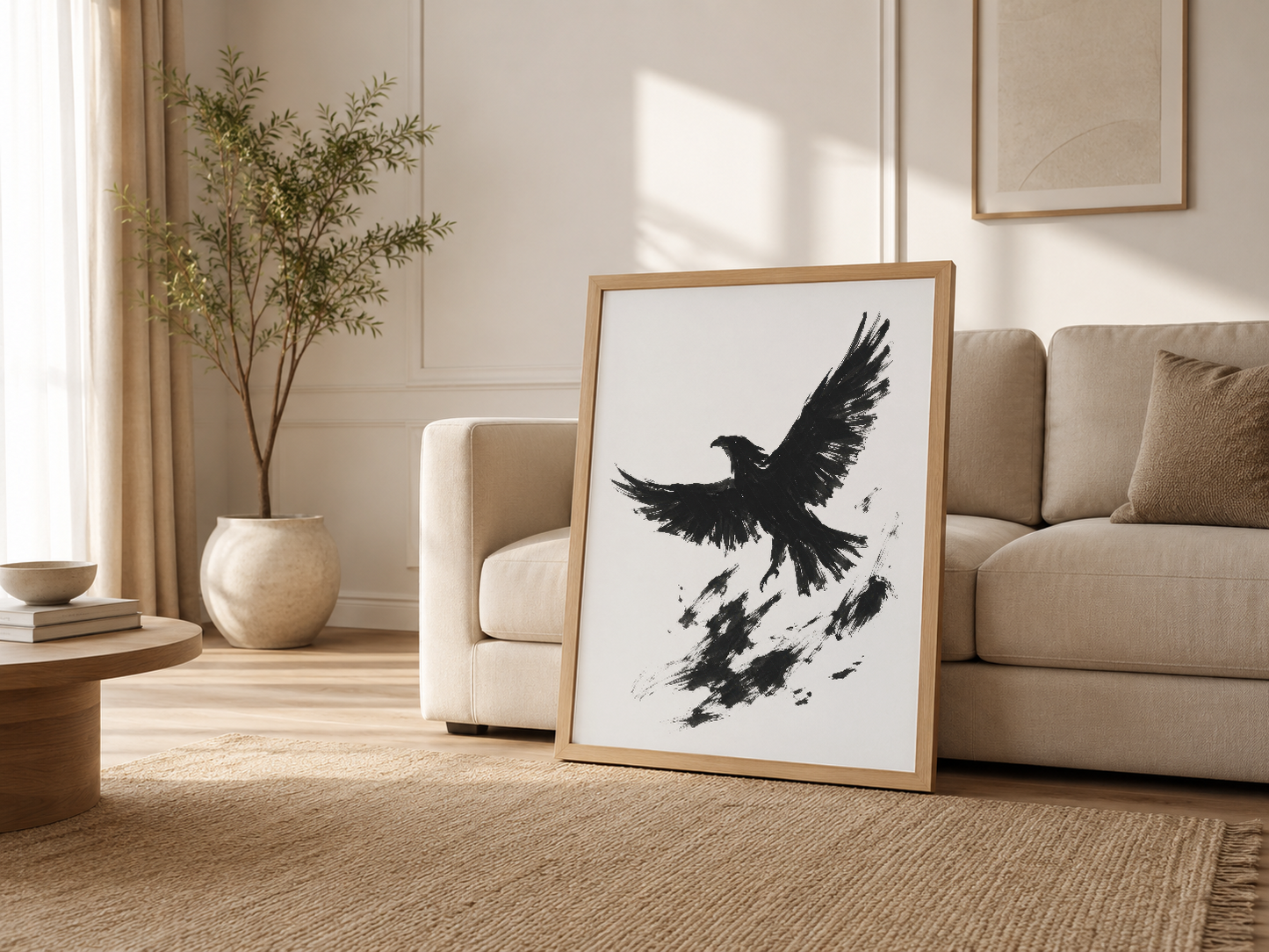 Şık oturma odasında ahşap çerçeveli tablo, kanepenin yanında sergilenerek modern minimalist dekorasyona sanat katıyor.