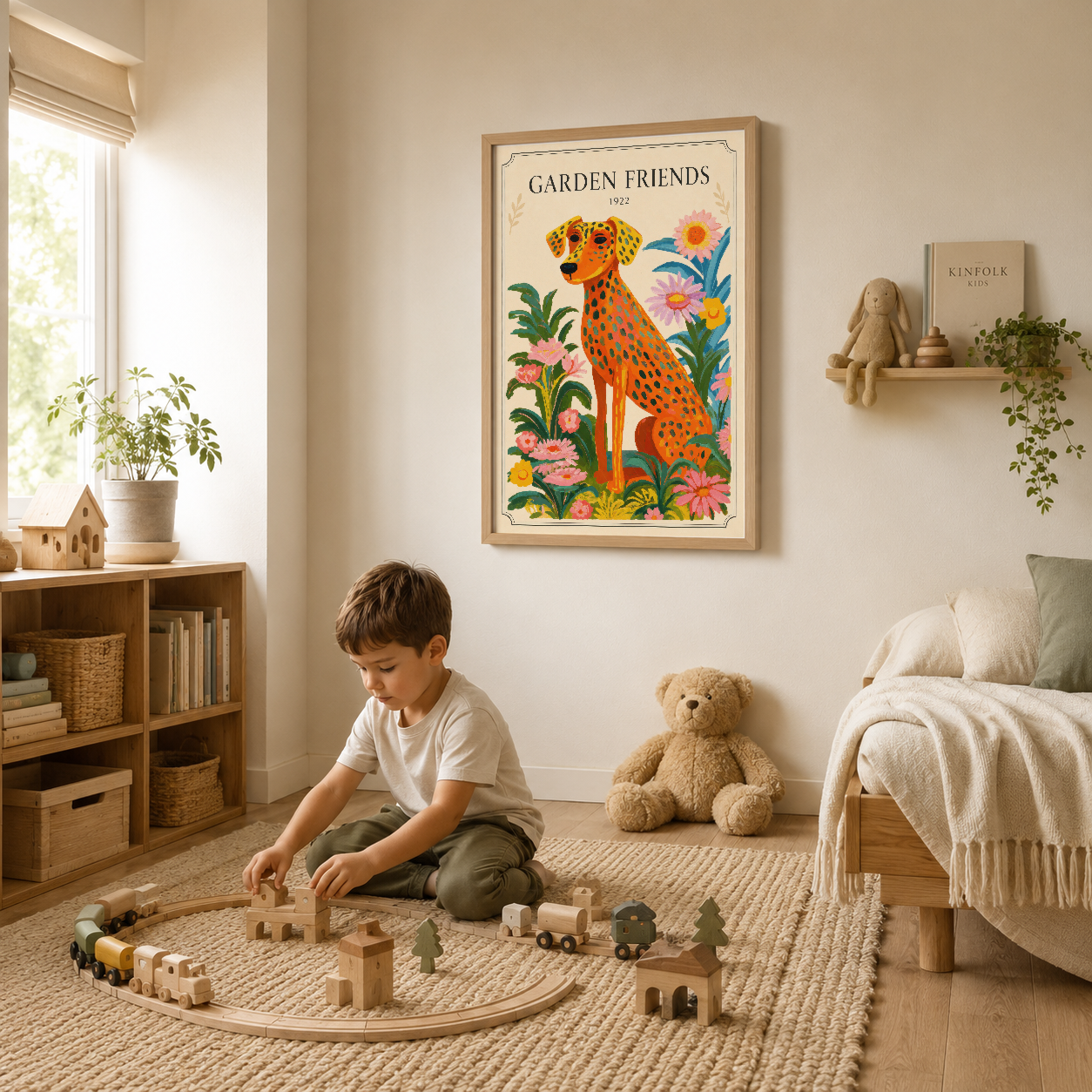 Çocuk yatak odası duvarında Garden Friends sanat eseri, 1922 tasarımı benekli köpek ve floral dekorasyon.
