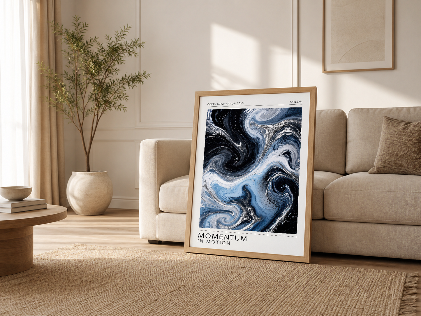 Ahşap çerçeveli poster, krem renkli salon dekorasyon setinde şık sanat aksesuarı.