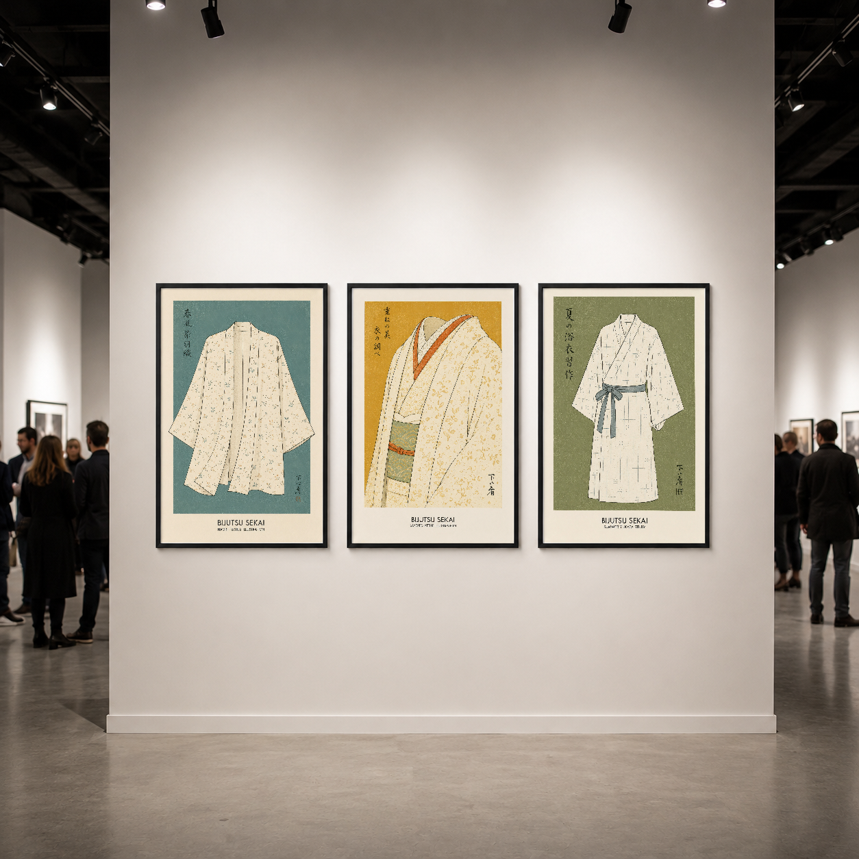 Galeride asılı siyah çerçeveli sanat eseri, klasik kimono motiflerini çağdaş dekor konseptiyle birleştiriyor.