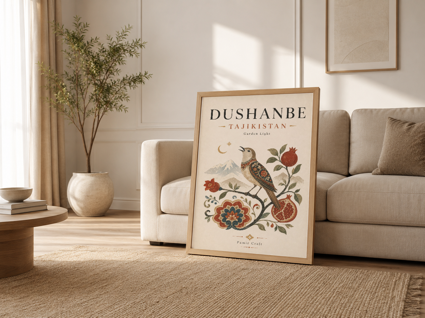 Parlak oturma odasında, kanepe yanında, ahşap çerçeveli Dushanbe Tacikistan sanat posteri.