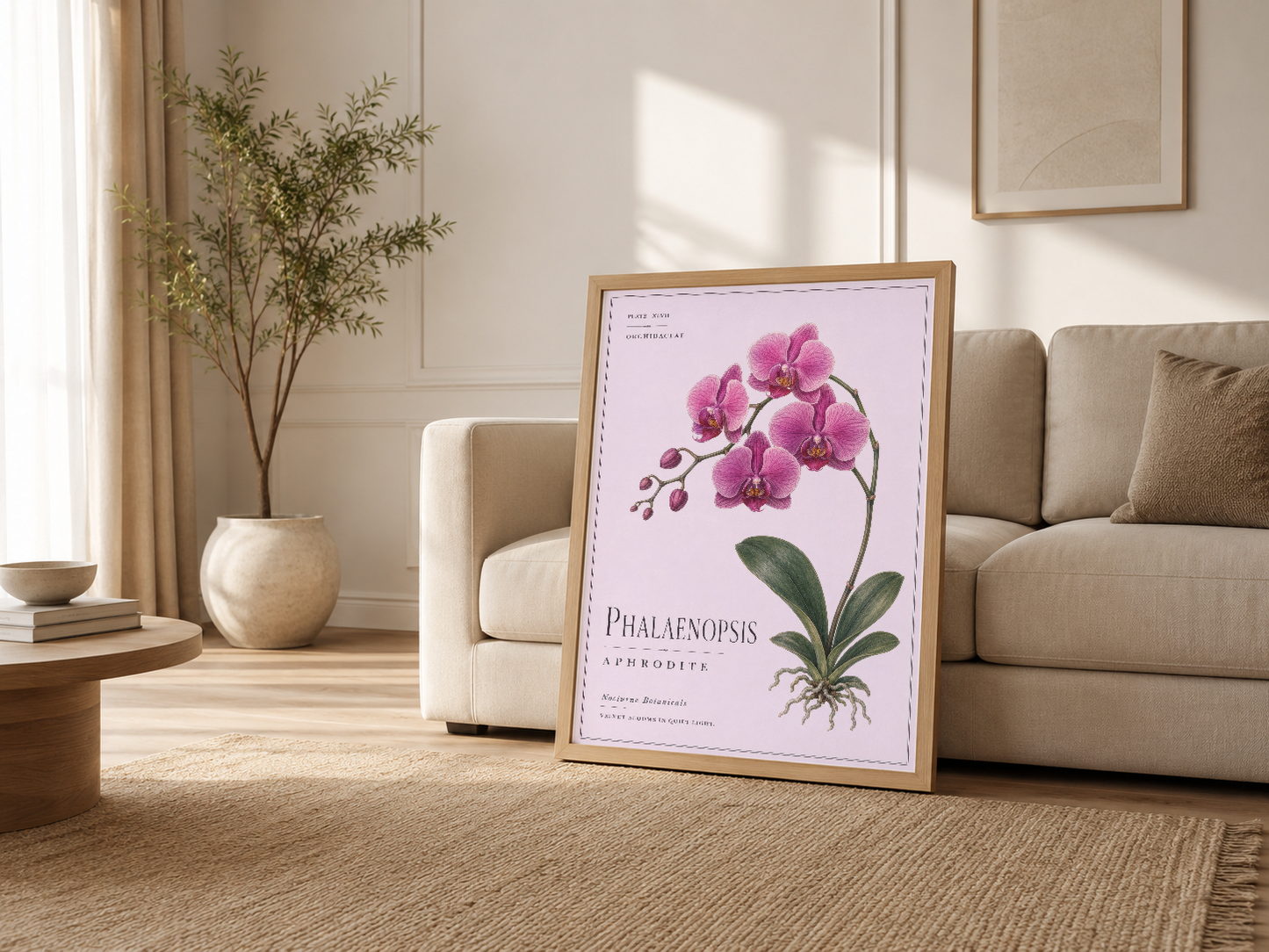 Krem renkli oturma odası sahnesi, ahşap çerçeveli Phalaenopsis tablosu kanepenin yanında.